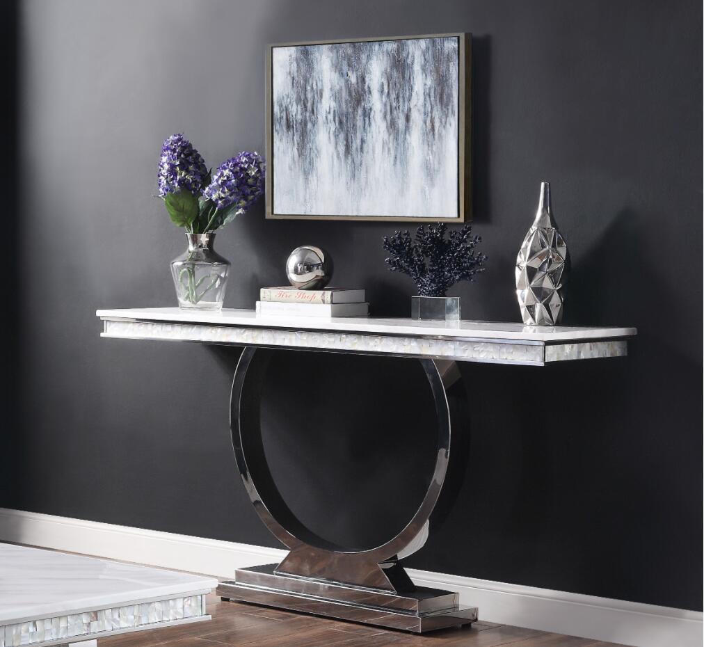 ACME Zander Sofa Table, White Printed Faux Marble & Mirrored Silver Finish 87359