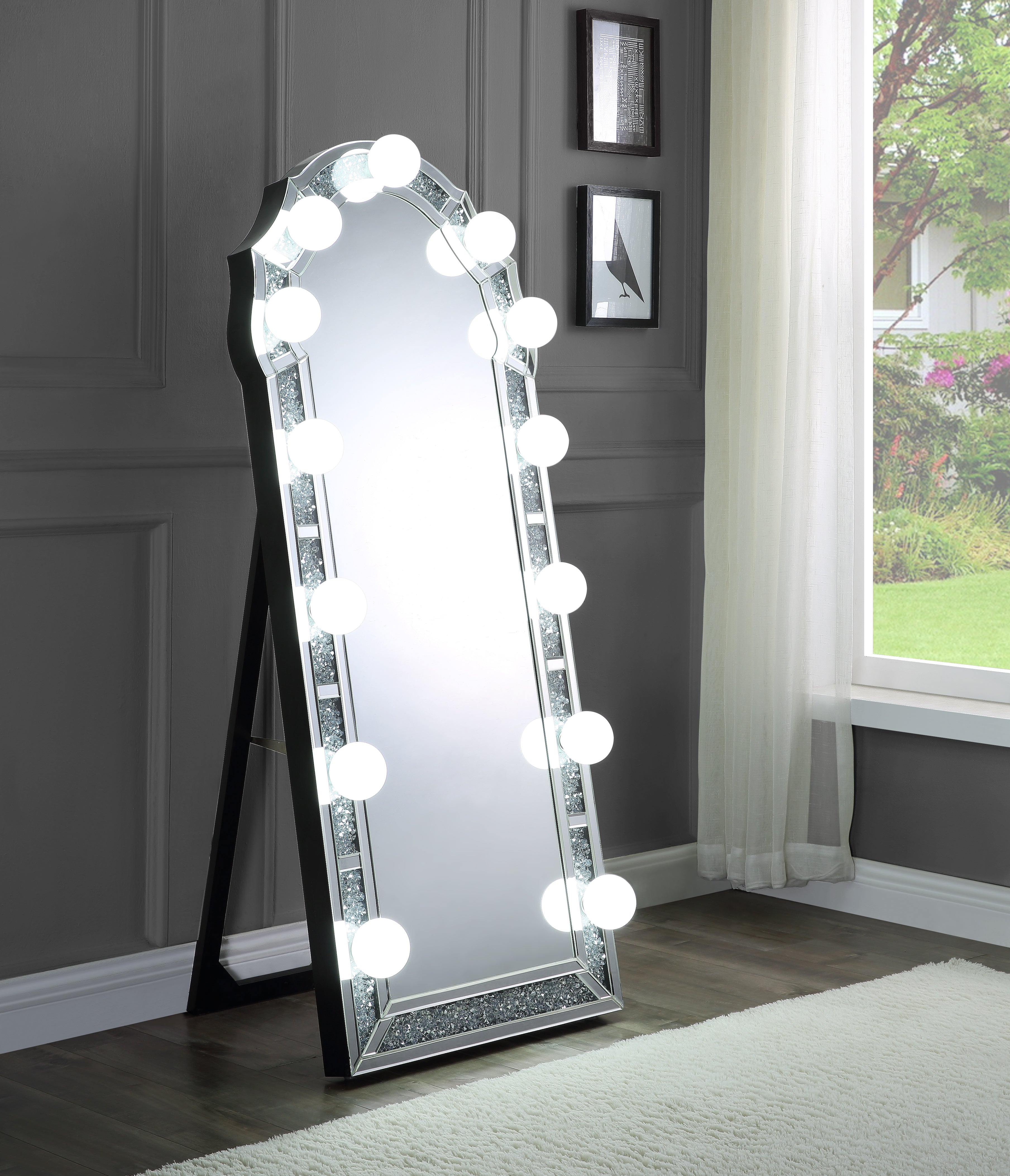 ACME Noralie Accent Floor Mirror in Mirrored & Faux Diamonds 97983