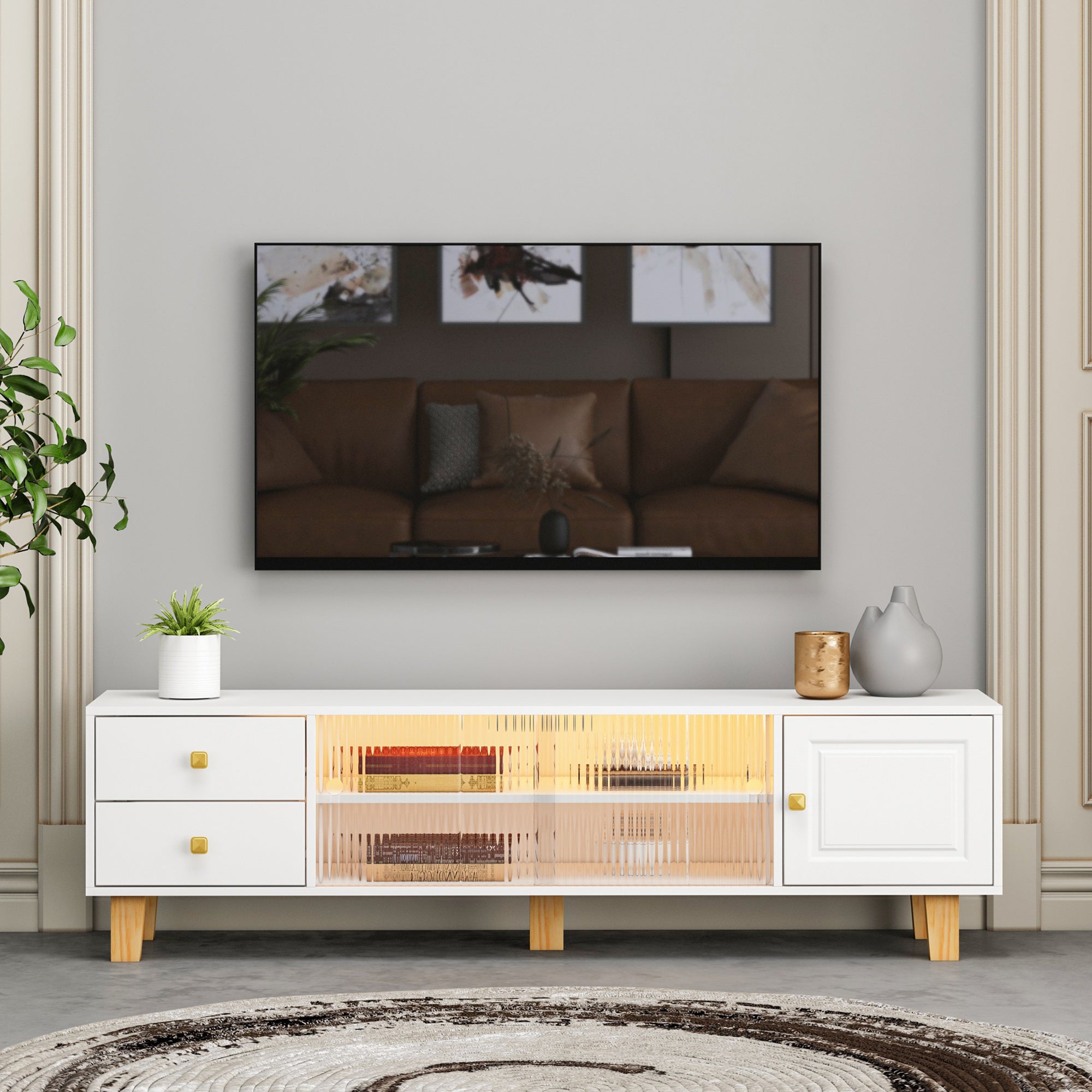 TV stand,TV Cabinet,entertainment center,TV console,media console,plastic door panel,with LED remote control light,sliding door,metal handle,solid wooden leg,can placed in the living room,color:white