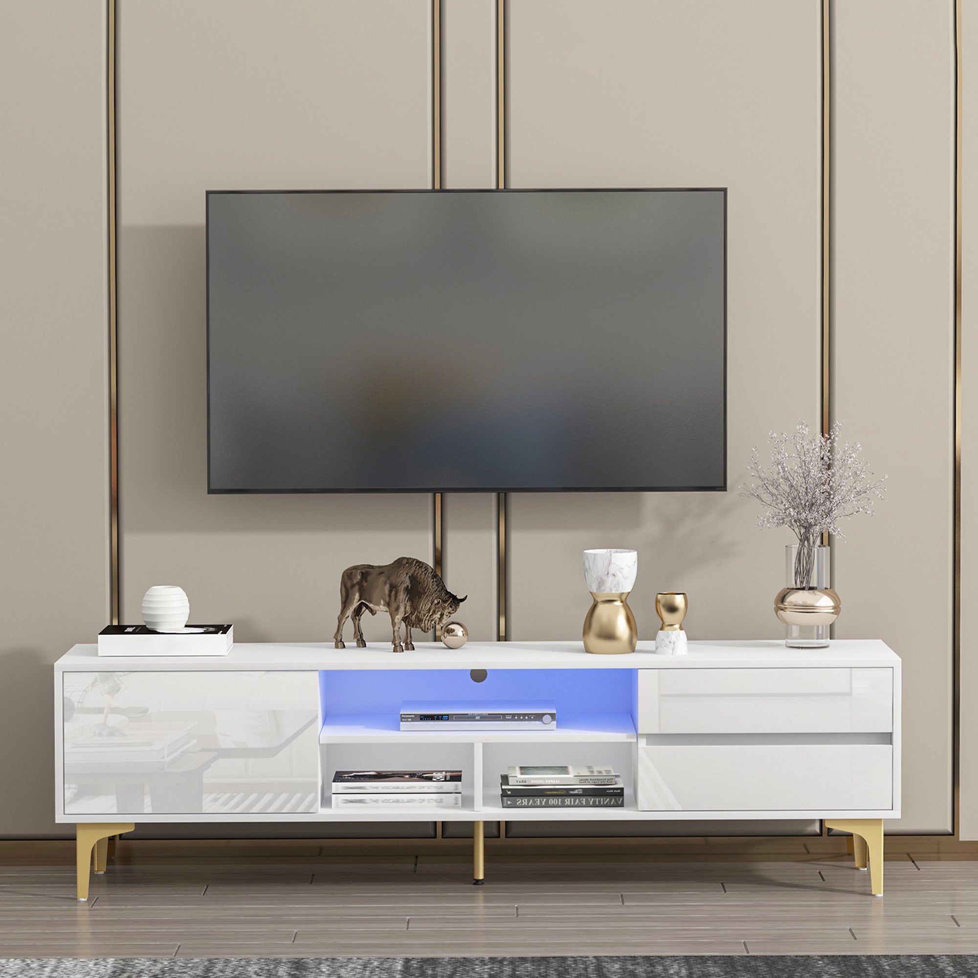 TV stand,TV Cabinet,entertainment center,TV console,media console,with LED remote control lights,UV bloom drawer panel,gold metal table legs, can be placed in the living room, bedroom, color: white