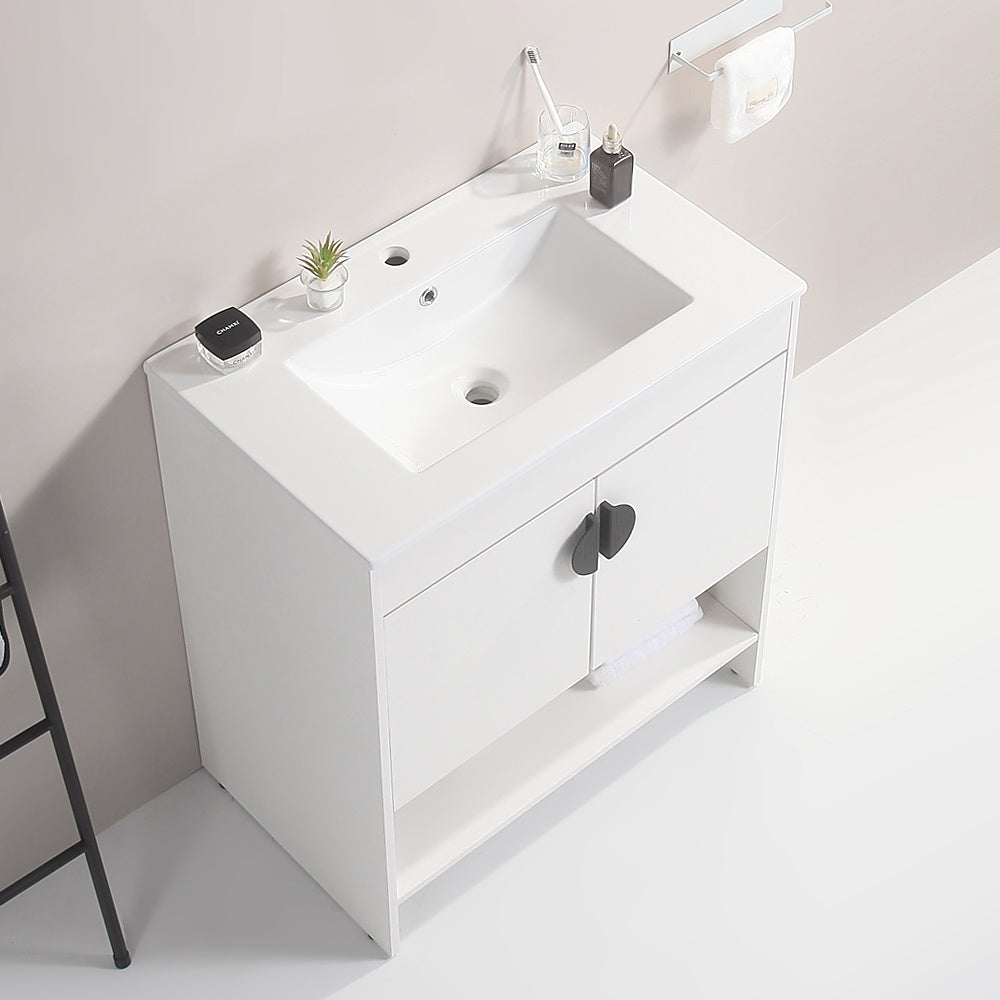 30" Bathroom Vanity,with White Ceramic Basin,Two Cabinet Doors with black zinc alloy handles,Solid Wood,Excluding faucets,white