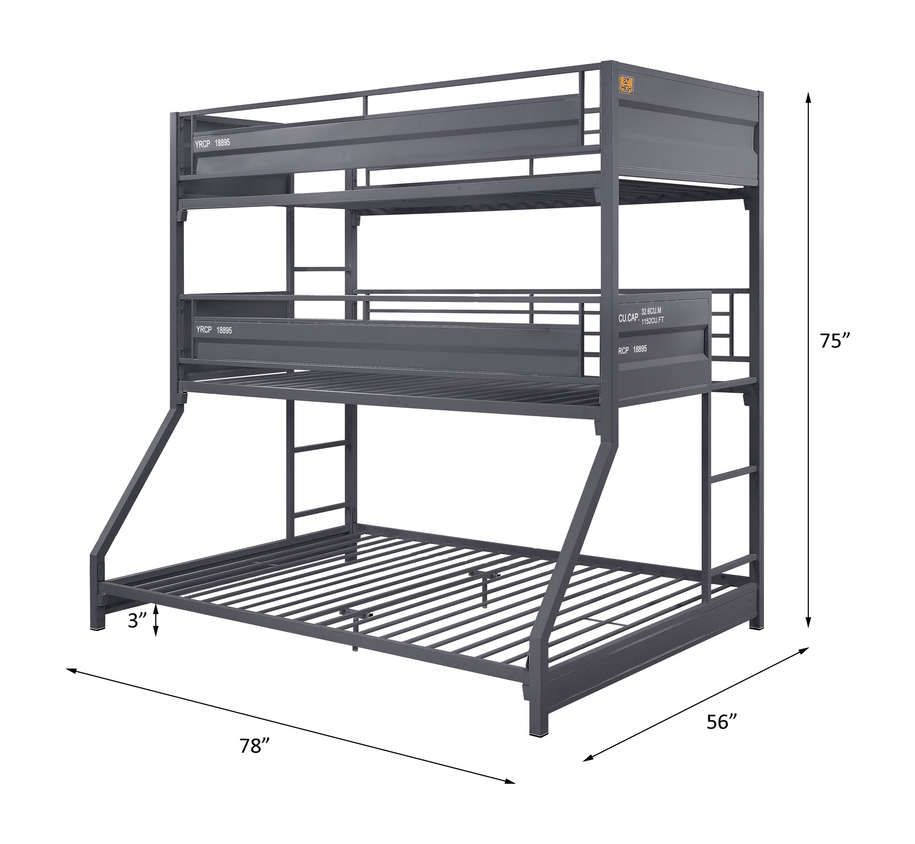 ACME Cargo Twin/Twin/Full Triple Bunk Bed, Gunmetal Finish 37995