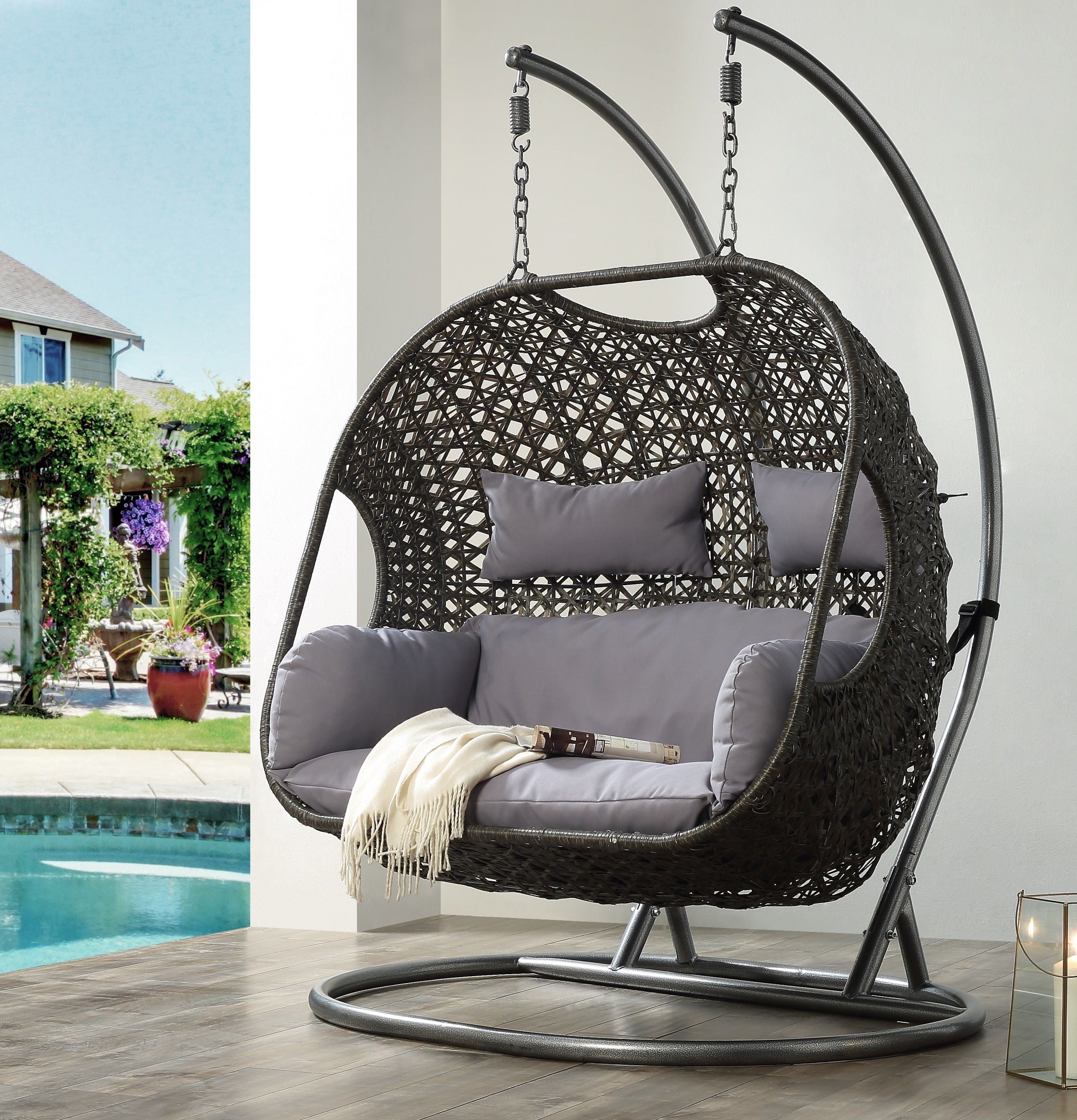 ACME Vasta Patio Swing Chair with Stand, Fabric & Wicker (1Set/3Ctn) 45084