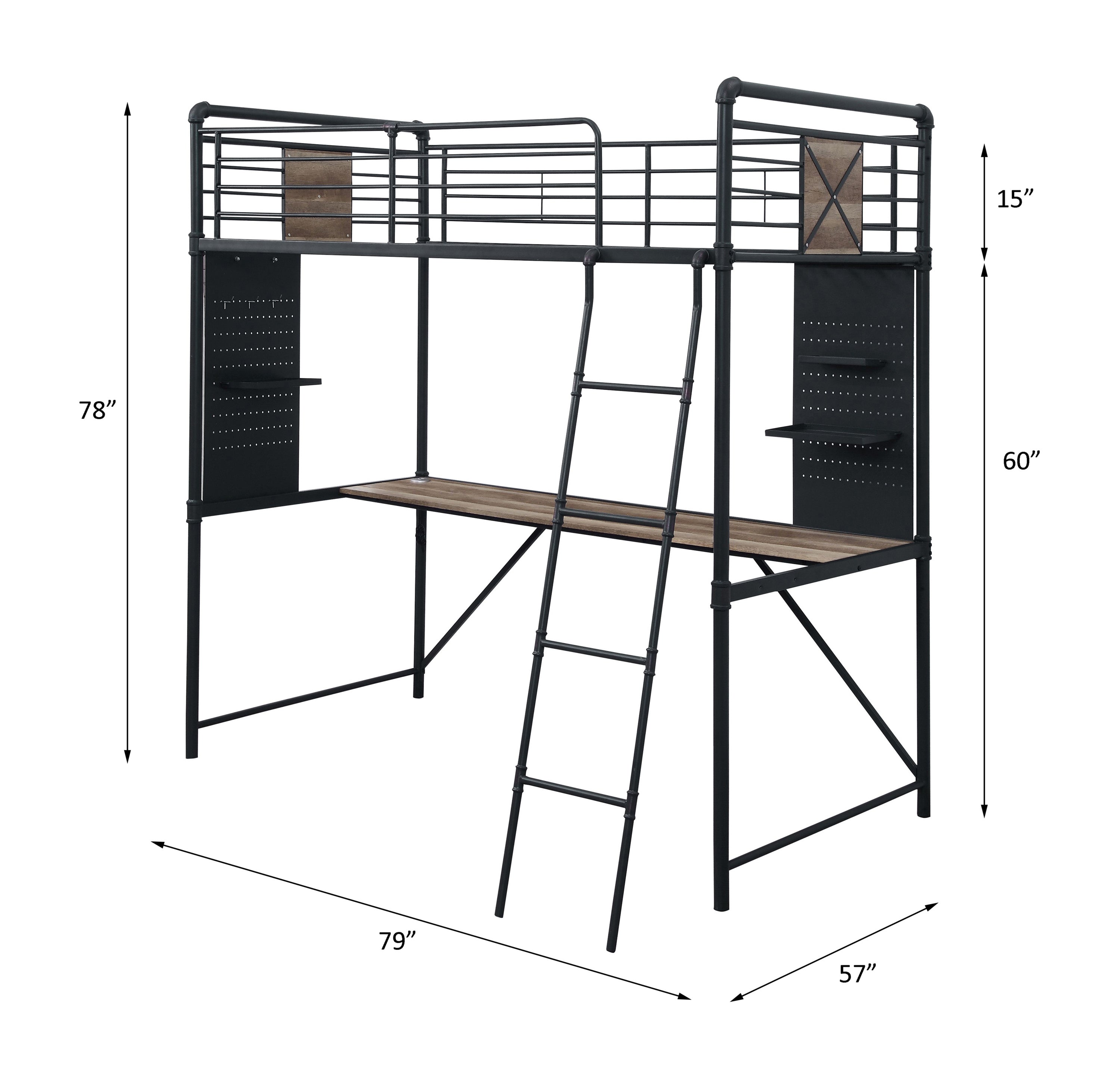 ACME Cordelia Twin Loft Bed w/Desk in Antique Oak, Sandy Black & Dark Bronze Hand-Brushed Finish 38310