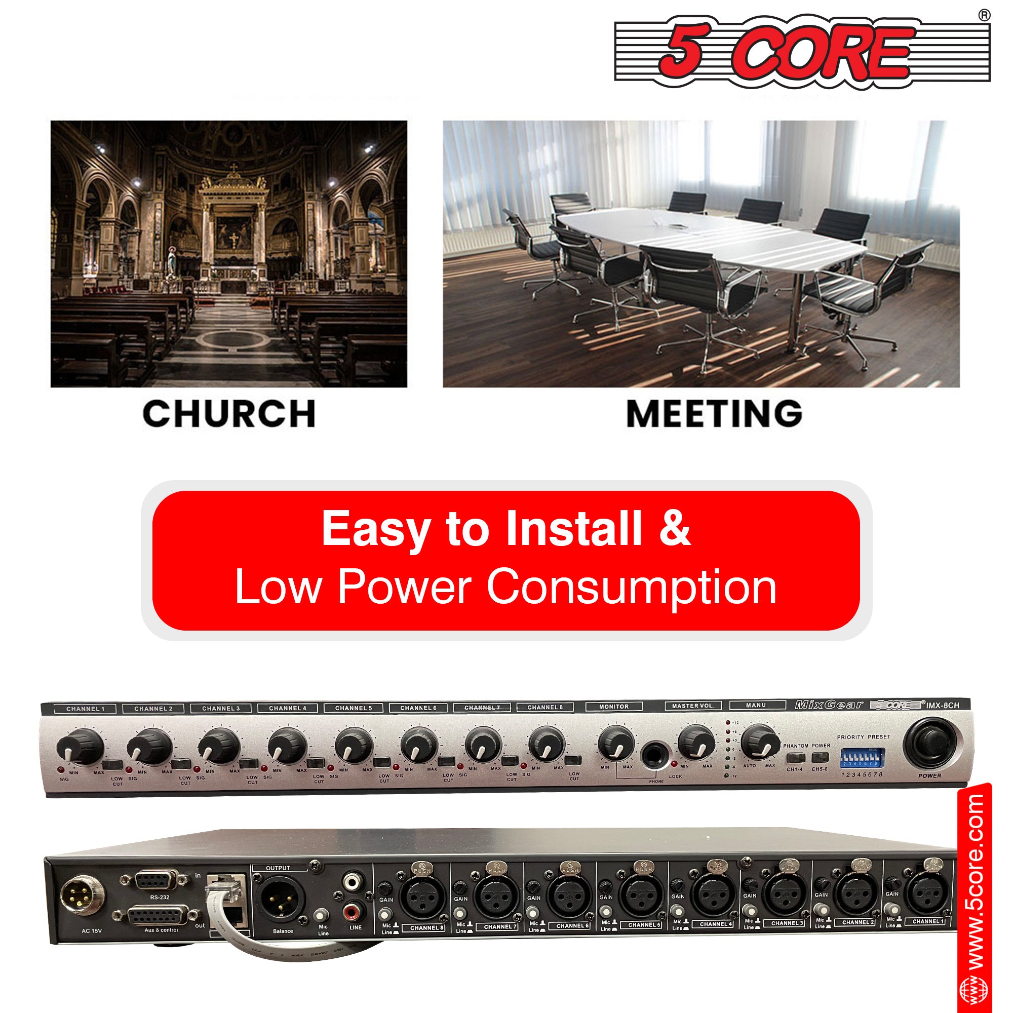 5 Core 8 channel Preamp Rackmount Mono Mic Line Phantom Power Speech Priority Master Volume Balanced Outputs for Meeting, Speech, Concert, Public Even