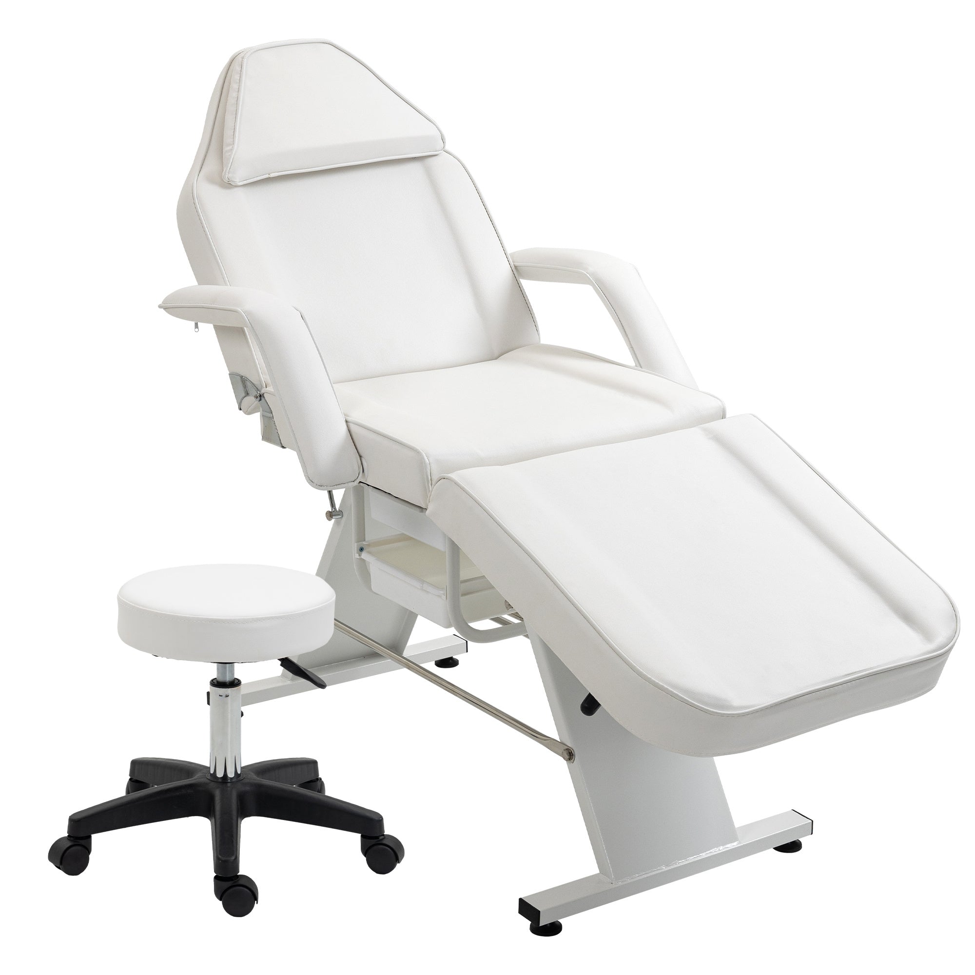 Massage Salon Tattoo Chair with Two Trays Esthetician Bed with Hydraulic Stool,Multi-Purpose 3-Section Facial Bed Table, Adjustable Beauty Barber Spa Beauty Equipment, White