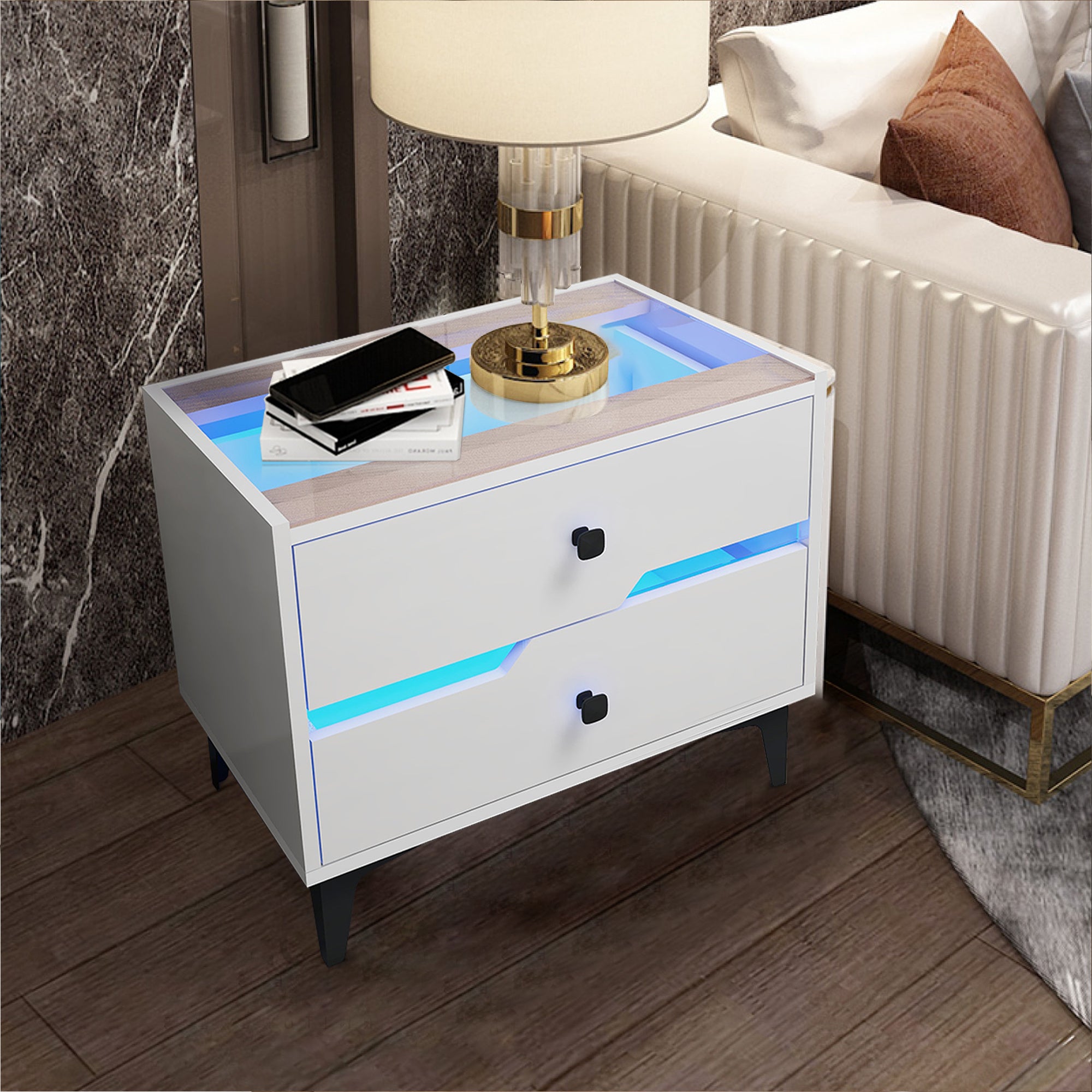 Smart Bedside Table, Nightstand with LED Light Nightstand Modern White High Gloss Bedside Table with 2 Storage Drawers for Bedroom Wooden Smart Side Table End Table with LED Lights (White)