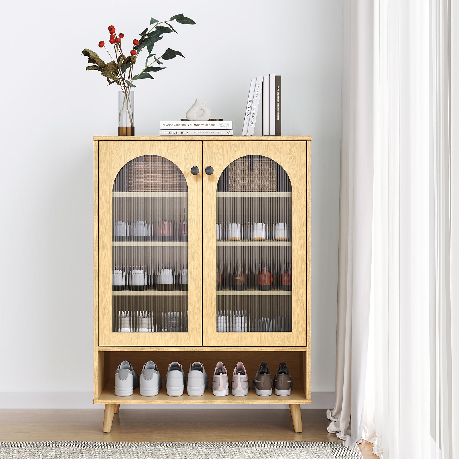 Shoe Storage Cabinet with Adjustable Plates Glass doors