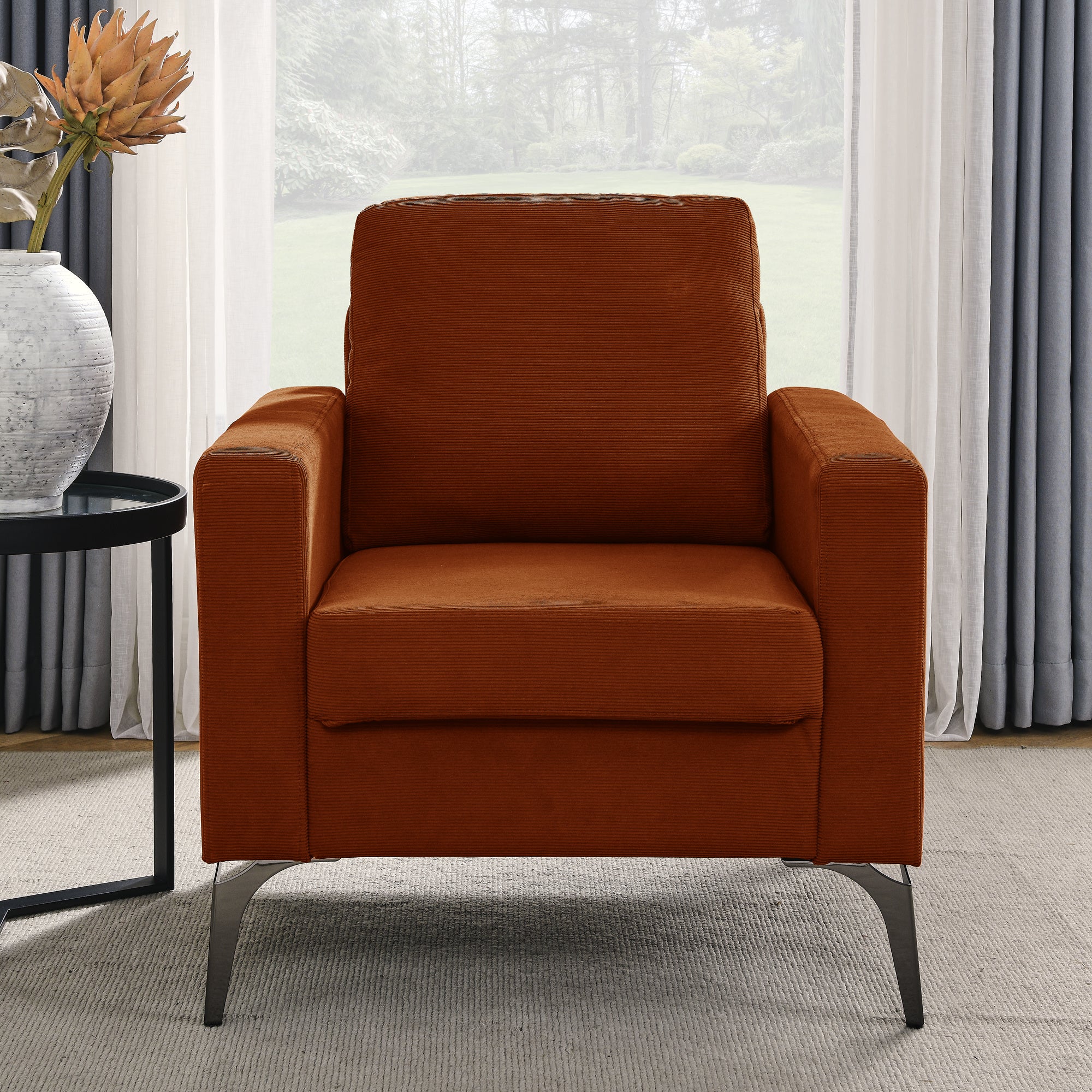 Sofa Chair,with Square Arms and Tight Back ,Corduroy Orange