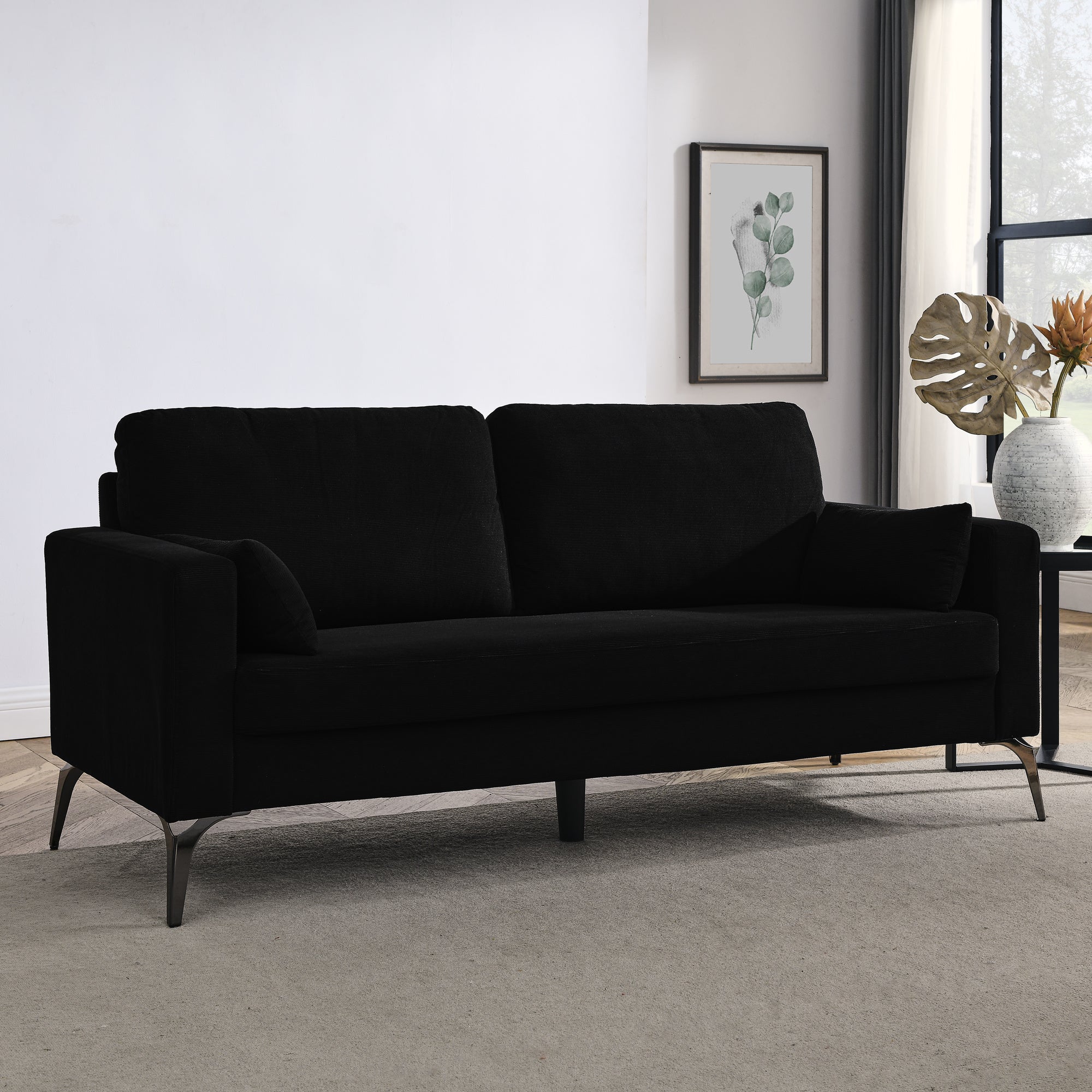 3-Seater Sofa with Square Arms and Tight Back, with Two Small Pillows,Corduroy Black