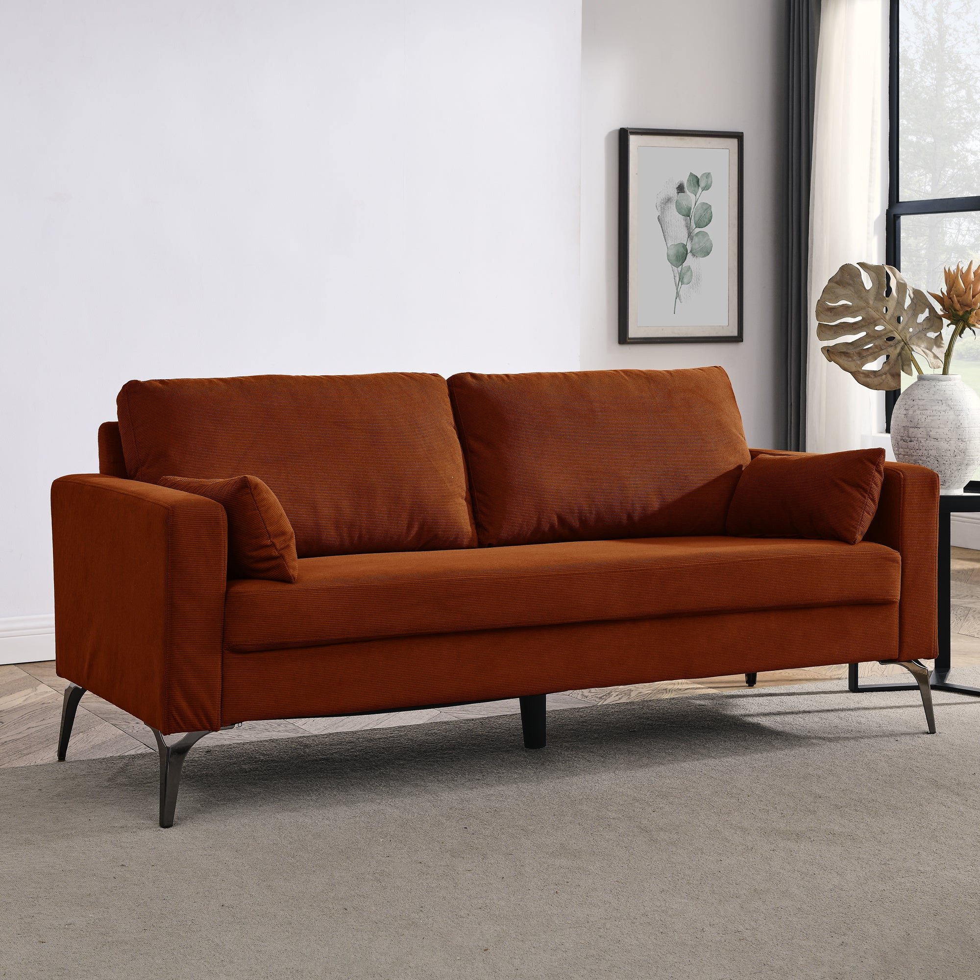 3-Seater Sofa with Square Arms and Tight Back, with Two Small Pillows,Corduroy Orange