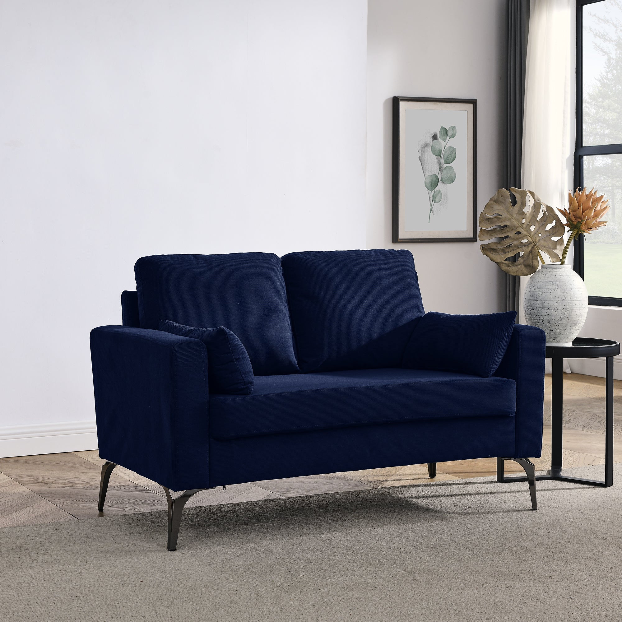 Loveseat Living Room Sofa,with Square Arms and Tight Back, with Two Small Pillows,Corduroy Navy