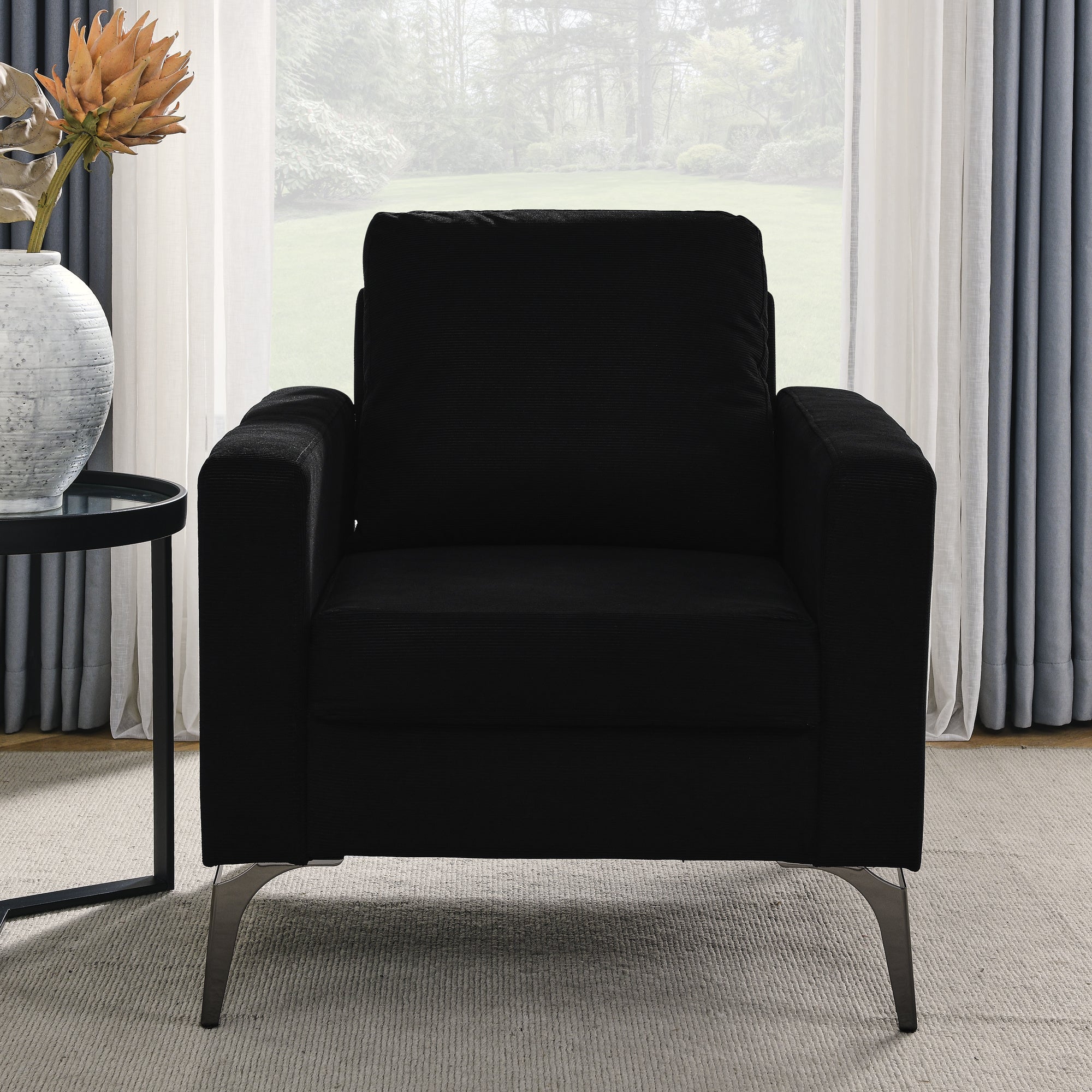 Sofa Chair,with Square Arms and Tight Back ,Corduroy Black