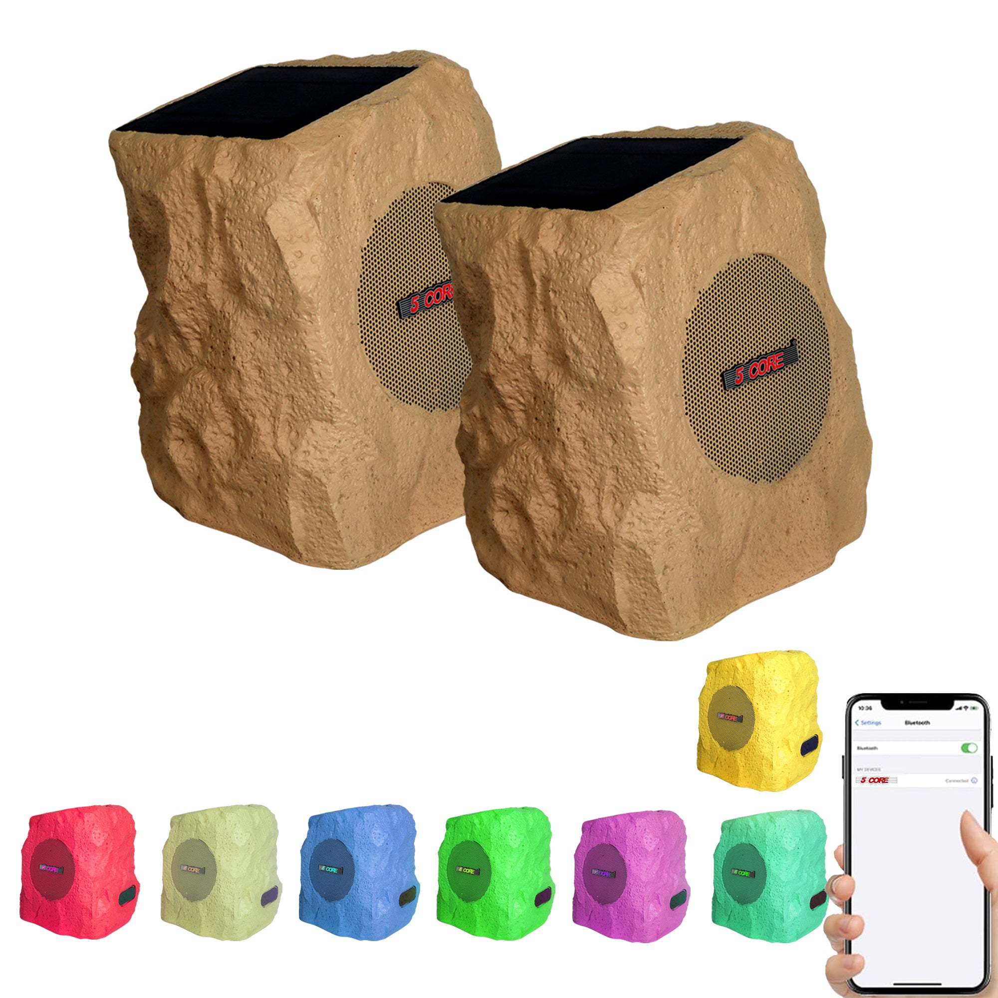 5 Core rock Garden Wireless Outdoor Speakers IPx6 Waterproof Weatherproof TWS Bluetooth 5.3 Speaker With Solar & USB Charging 7 LED Lights 6 Hr Playti