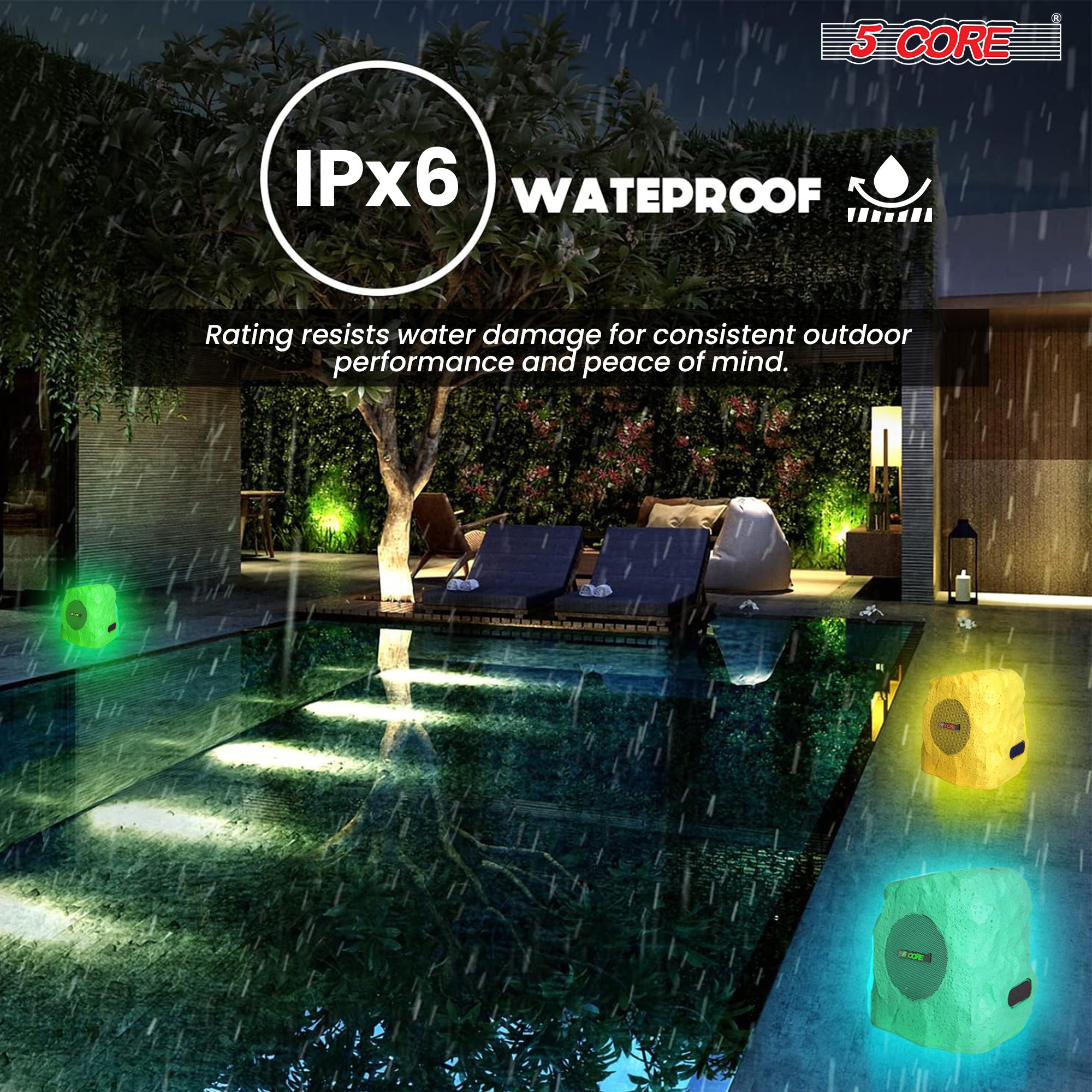 5 Core rock Garden Wireless Outdoor Speakers IPx6 Waterproof Weatherproof TWS Bluetooth 5.3 Speaker With Solar & USB Charging 7 LED Lights 6 Hr Playti