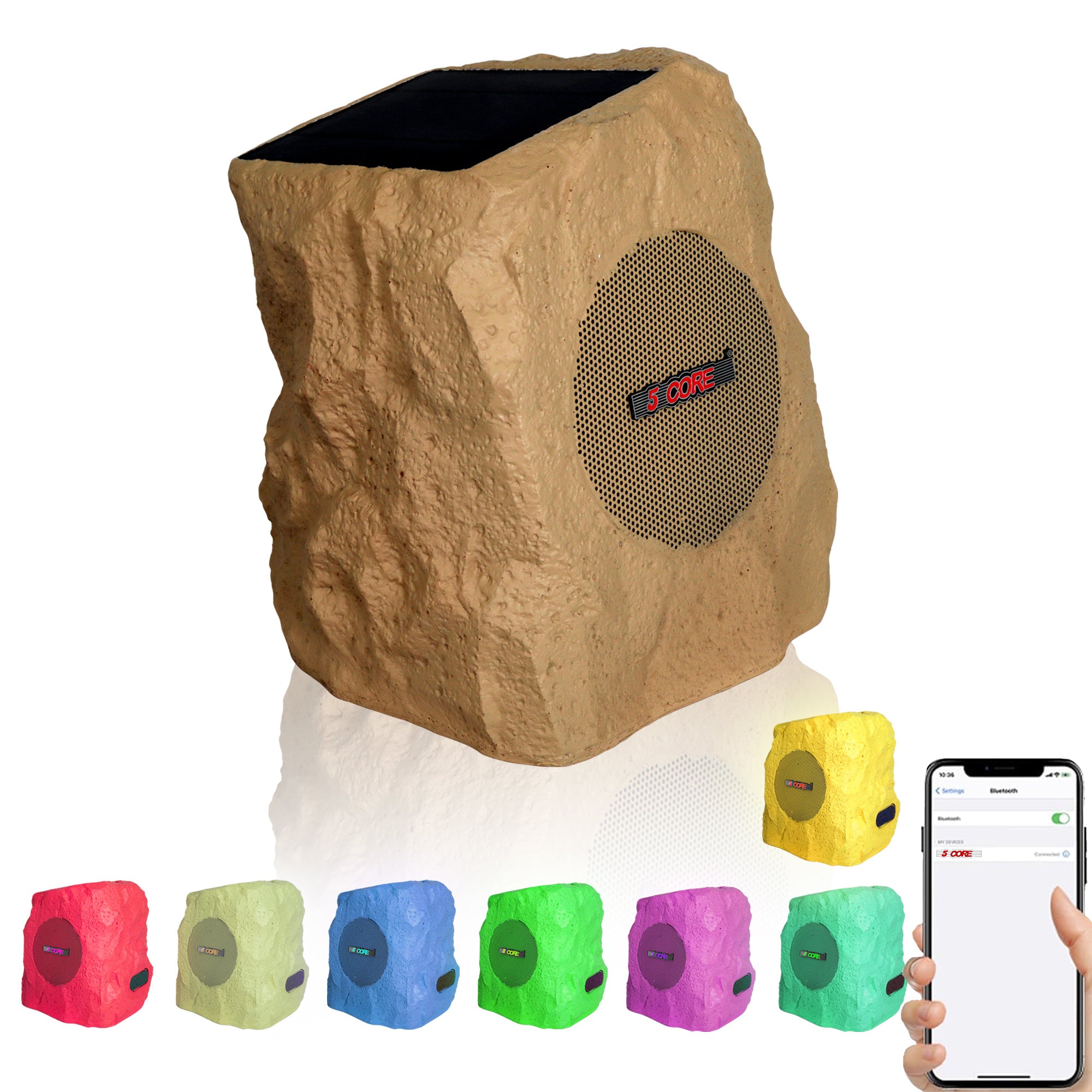 5 Core rock Garden Wireless Outdoor Speakers IPx6 Waterproof Weatherproof TWS Bluetooth 5.3 Speaker With Solar & USB Charging 7 LED Lights 6 Hr Playti