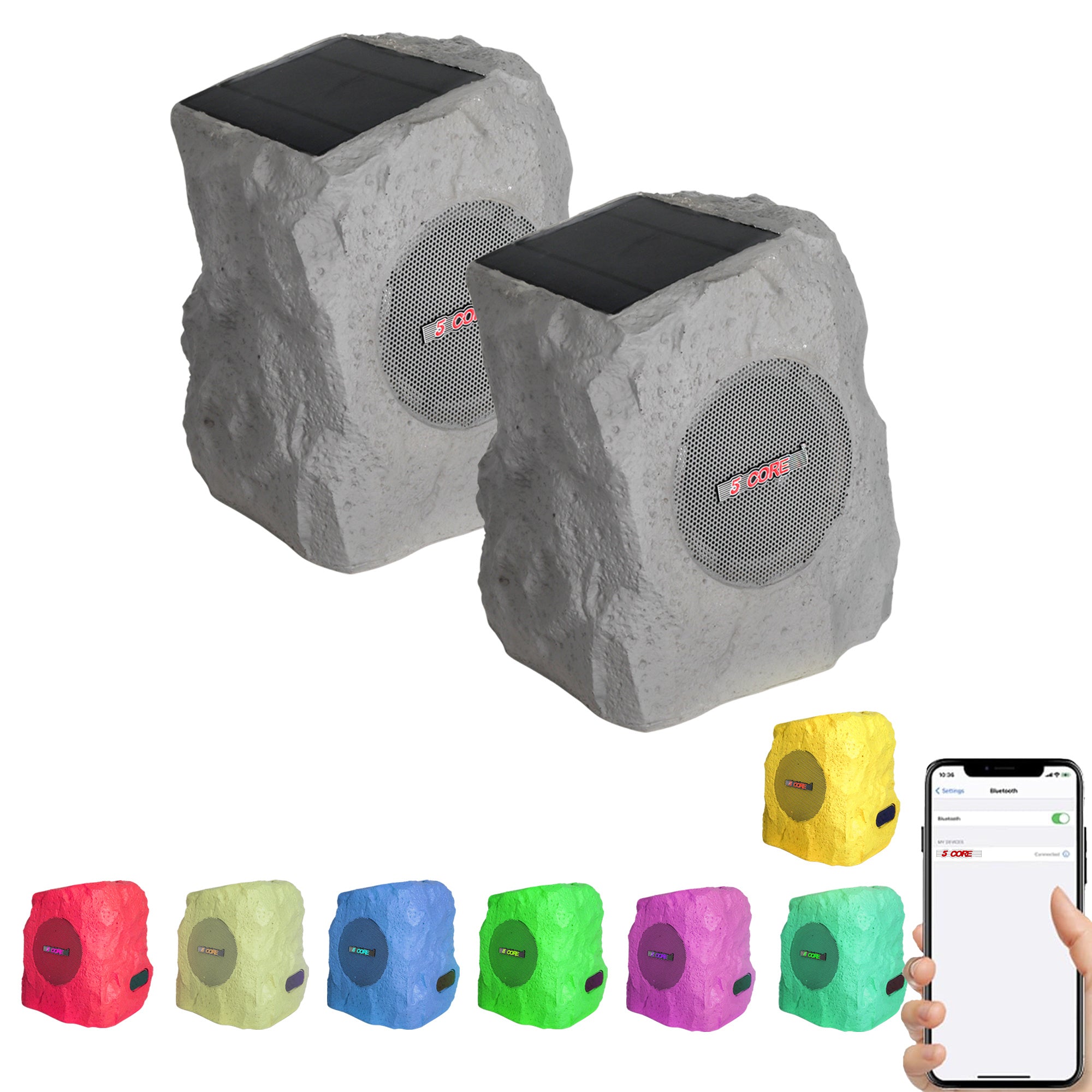 5 Core Outdoor Speakers Bluetooth 2Pcs Wireless Waterproof Patio Garden Speake Rechargeable Solar LED Rock Garden Speaker - GRDNSPK SP GRY