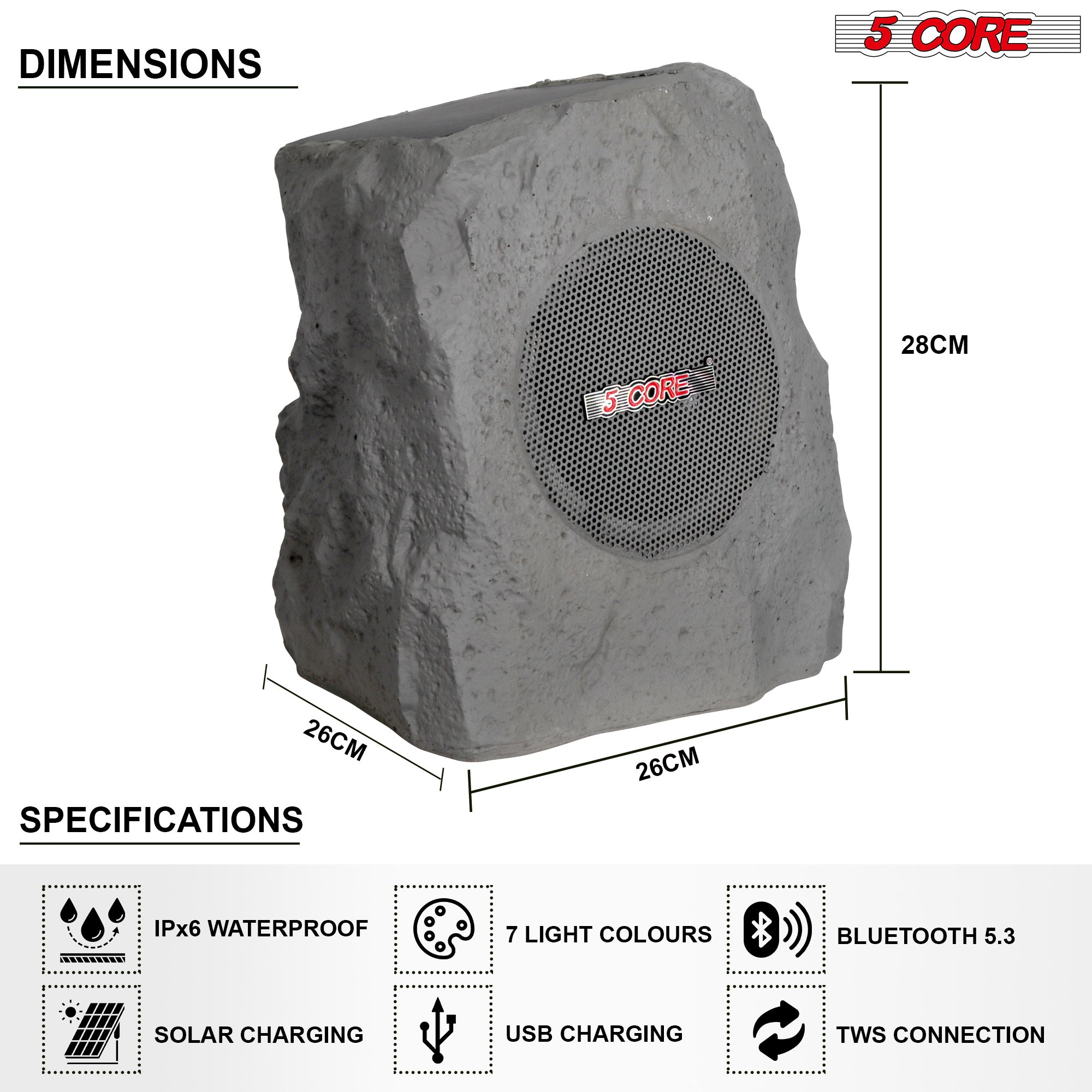 5 CORE Rock Garden Wireless Outdoor Speakers IPx6 Waterproof Weatherproof TWS Bluetooth 5.3 Speaker w Solar & USB Charging 7 LED Lights 6 Hr Playtime 