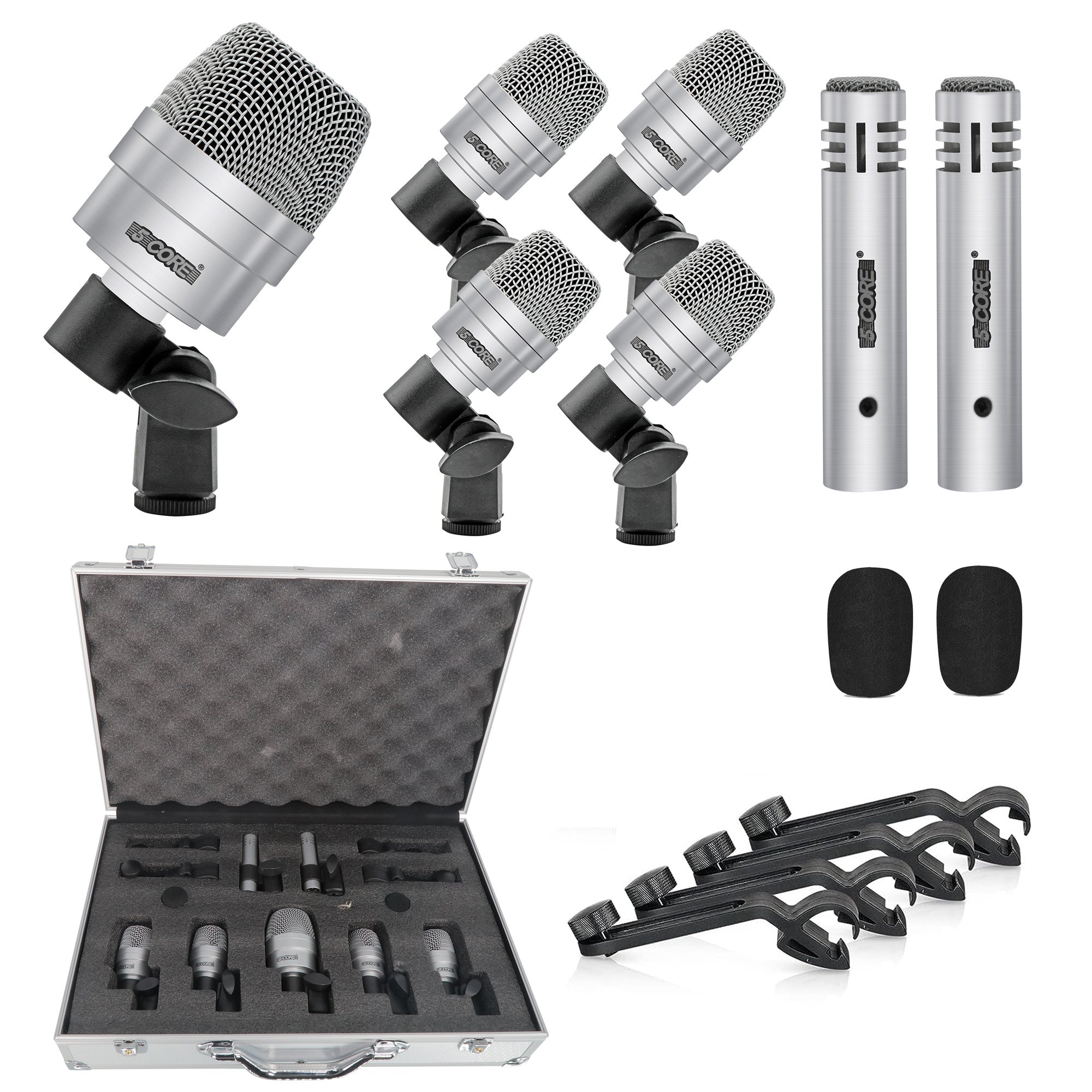 5 Core Drum Microphone Kit 7 Piece Full Metal Dynamic Wired Drums Mic Set for Drummers w Bass Tom Snare + Carrying Case Sponge & Mic Clamp for Vocal & Other Instrument Silver DM 7ACC