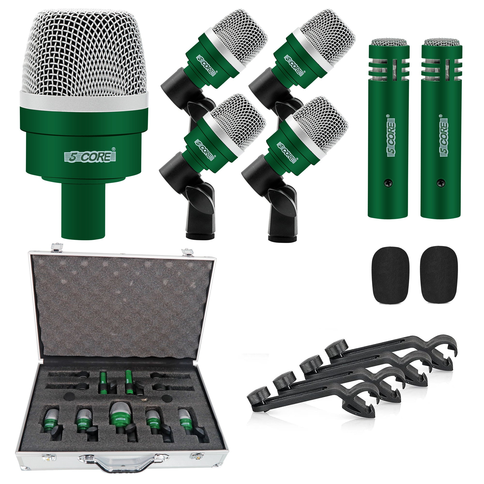 5 Core Drum Microphone Kit 7 Piece Full Metal Dynamic Wired Drums Mic Set for Drummers w Bass Tom Snare + Carrying Case Sponge & Mic Clamp for Vocal & Other Instrument Silver DM 7ACC