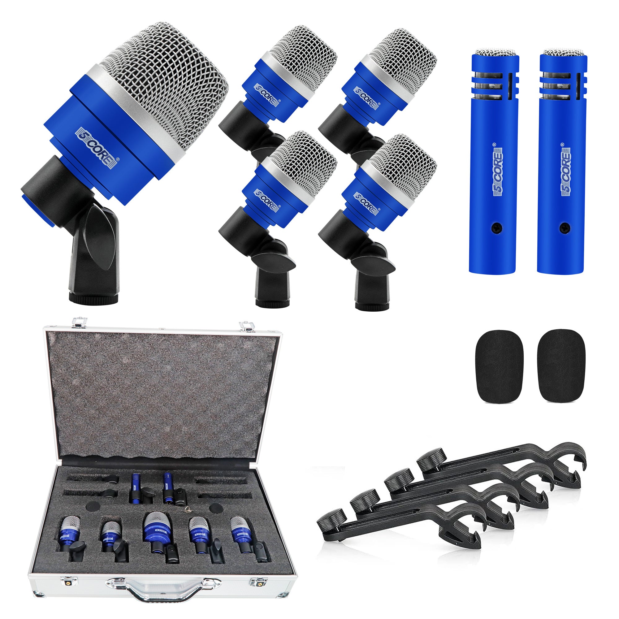 5 Core Drum Microphone Kit 7 Piece Full Metal Dynamic Wired Drums Mic Set for Drummers w Bass Tom Snare + Carrying Case Sponge & Mic Clamp for Vocal & Other Instrument Silver DM 7ACC