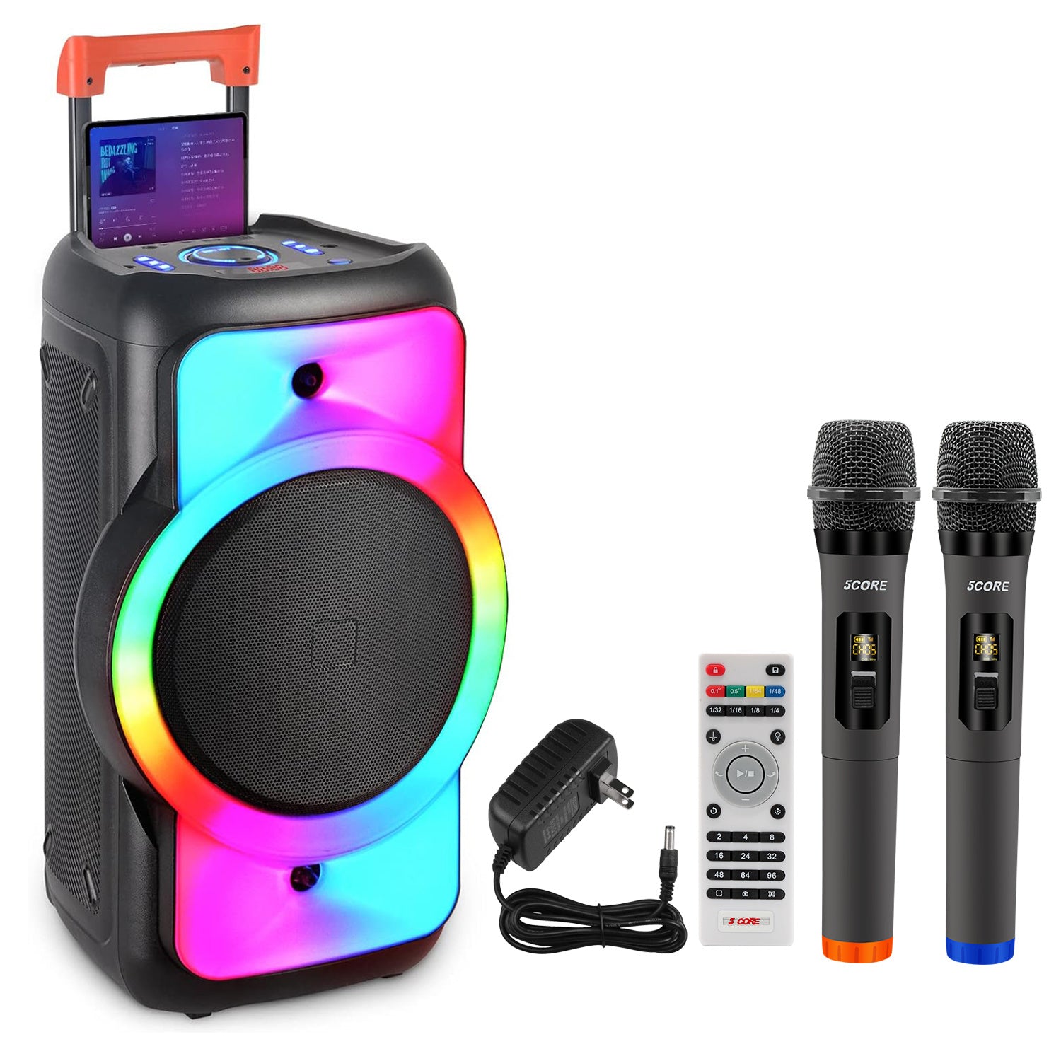 5 Core Karaoke Machine Bluetooth Portable Singing PA Speaker System w Cool DJ Light Support FM + TWS + USB + Memory Card + AUX + REC Party Speakers Includes Two Wireless Mics PLB 12X1 2MIC