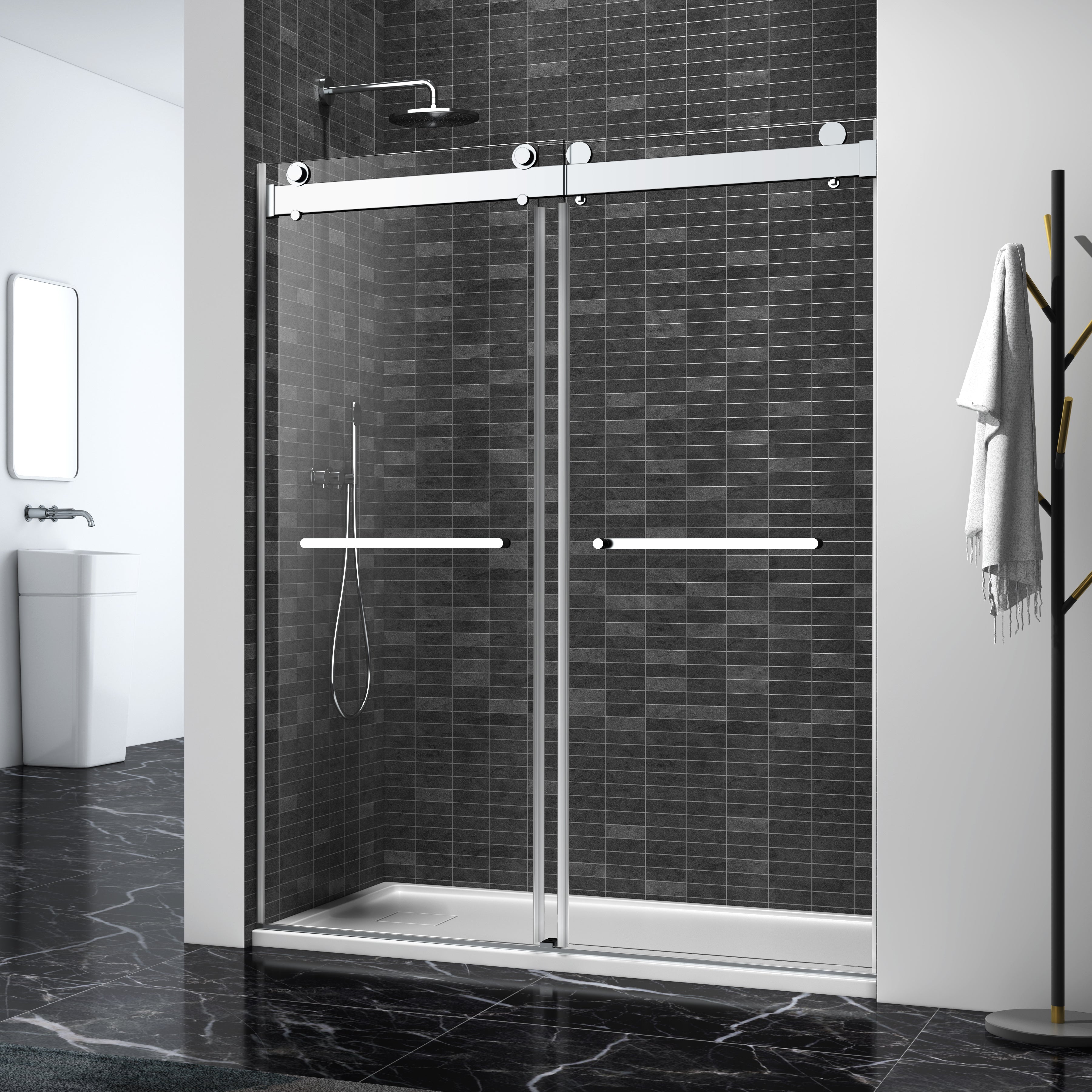 72" W x 76" H Double Sliding Frameless Soft-Close Shower Door with Premium 3/8 Inch (10mm) Thick Tampered Glass in Brushed Nickel 22D02-72BN