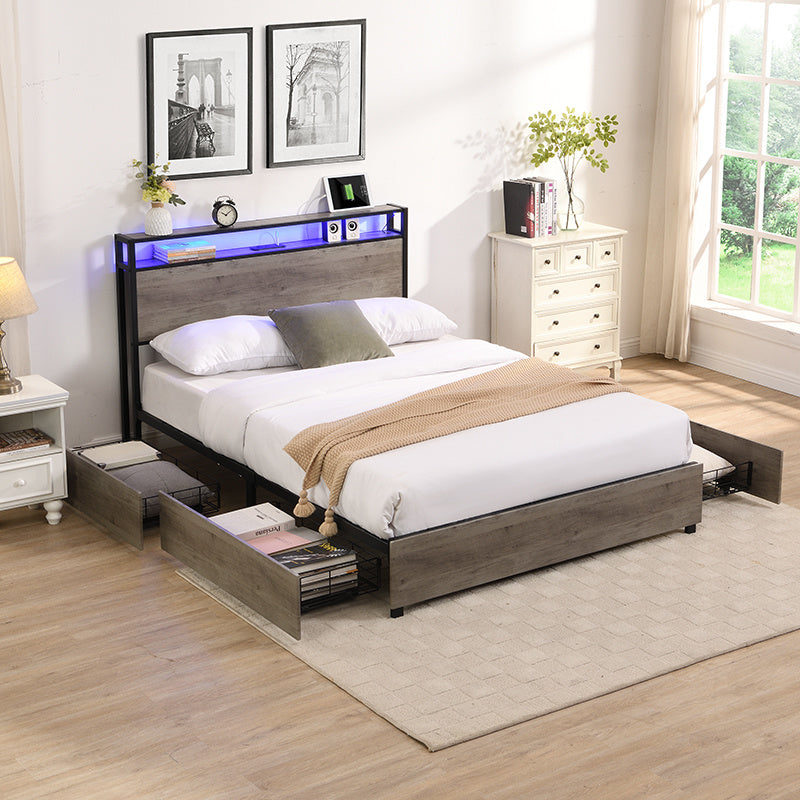 Full Bed Frame, Storage Headboard with Charging Station, Solid and Stable, Noise Free, No Box Spring Needed, Easy Assembly