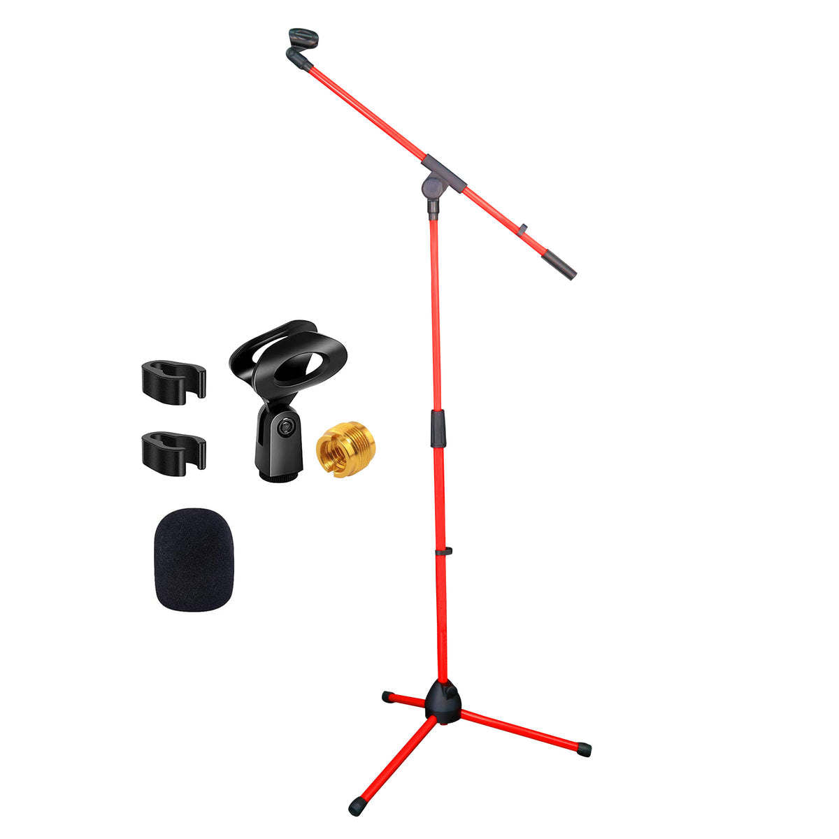 5 Core Mic Stand Collapsible Height Adjustable Up to 6ft Metal Microphone Tripod Stands w Boom Arm Para Microfono for Singing Karaoke Speech Stage Recording - MS 080 RED