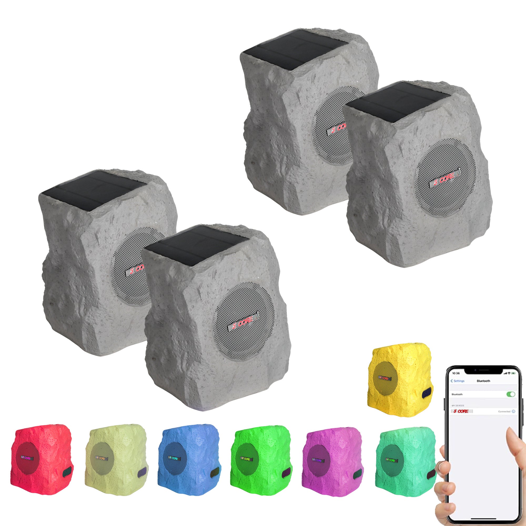 5 CORE Rock Garden Wireless Outdoor Speakers IPx6 Waterproof Weatherproof TWS Bluetooth 5.3 Speaker w Solar & USB Charging 7 LED Lights 6 Hr Playtime 