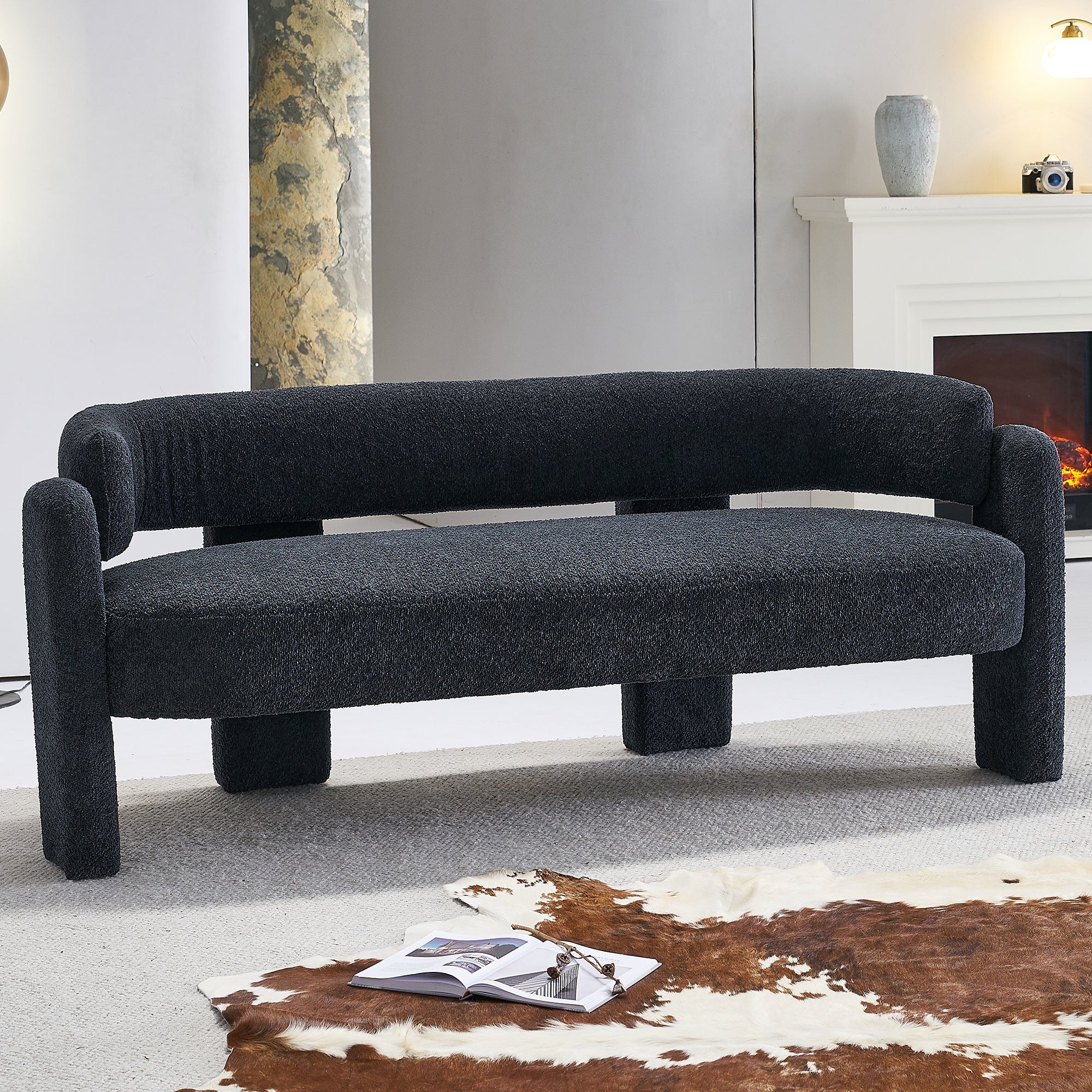 75.59" Wide Boucle Upholstery Modern Sofa for Living Room Dark Grey