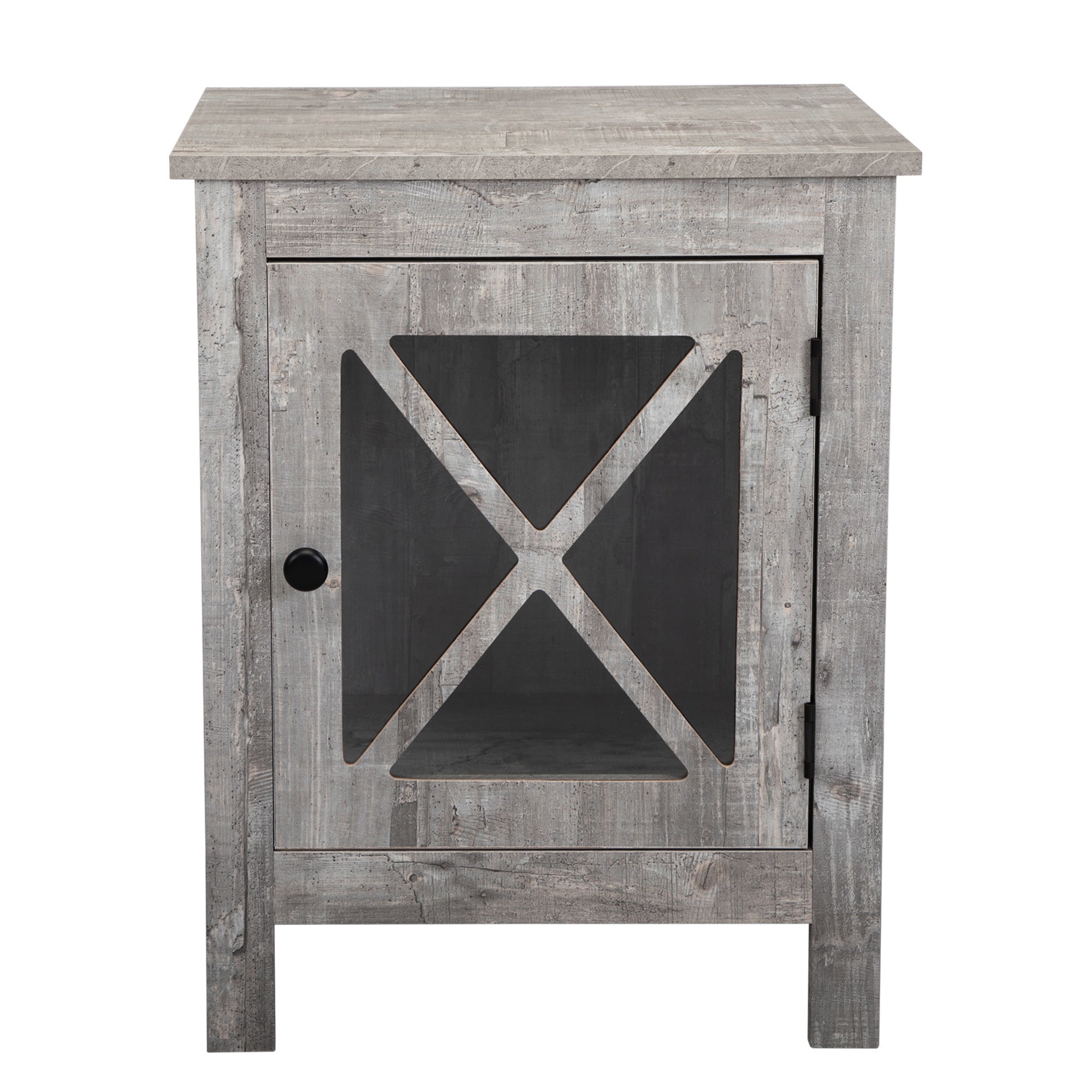 Set of 2 Industrial Nightstand Side Table End Table with X Design Glass Door - Light Gray Wood