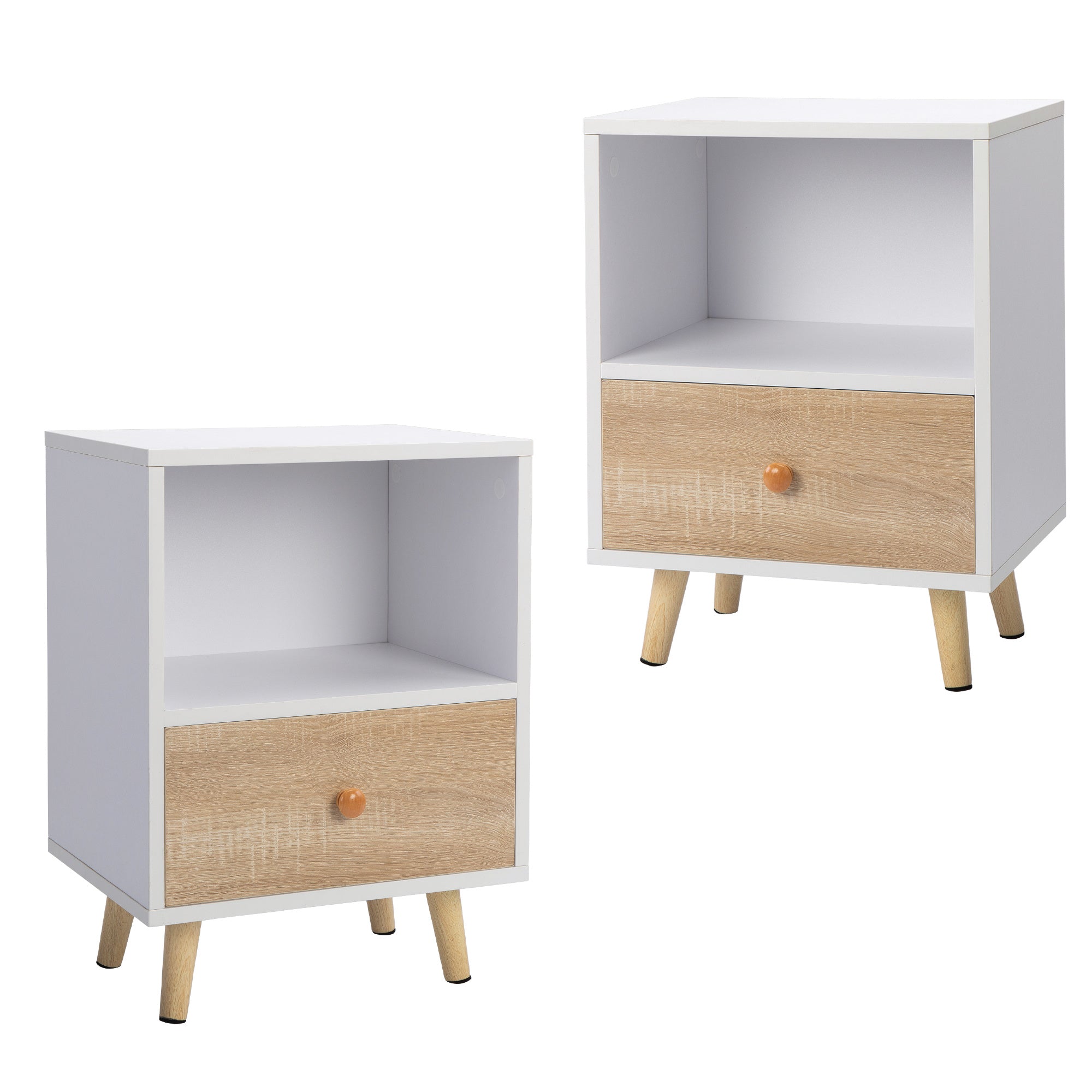 2 of Bedside Cupboard with 1 Drawer and Short Legs, End Table with Storing Shelf, Indoors, White