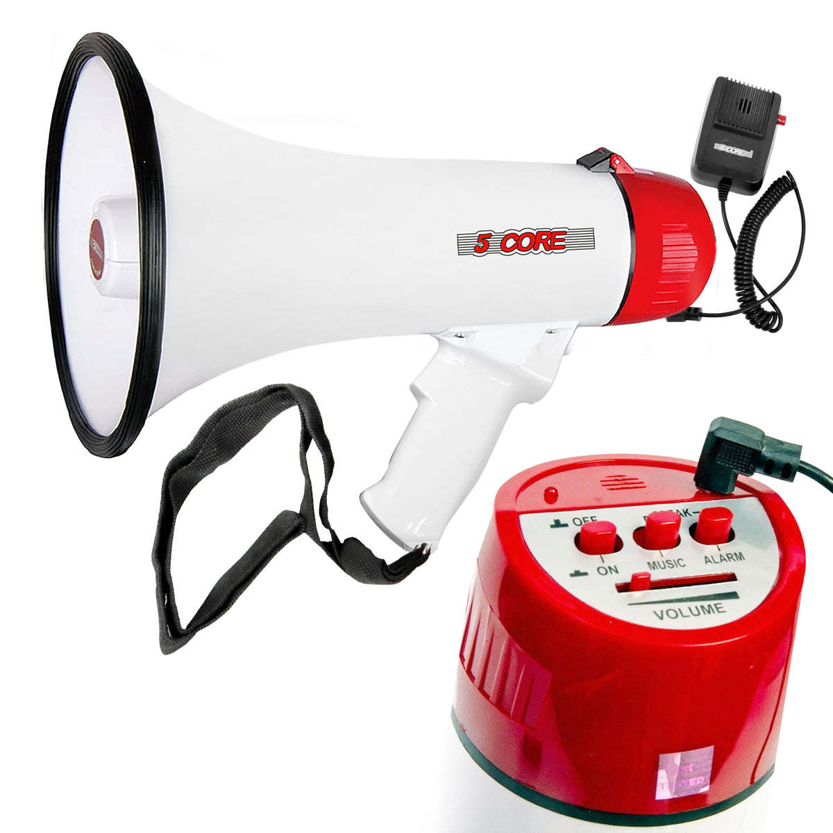 5 Core 40W Megaphone Bullhorn Cheer Bull Horn Speaker Rechargeable 1000 Yard Range Siren Recording Bluetooth USB SD Card AUX Detachable Microphone for