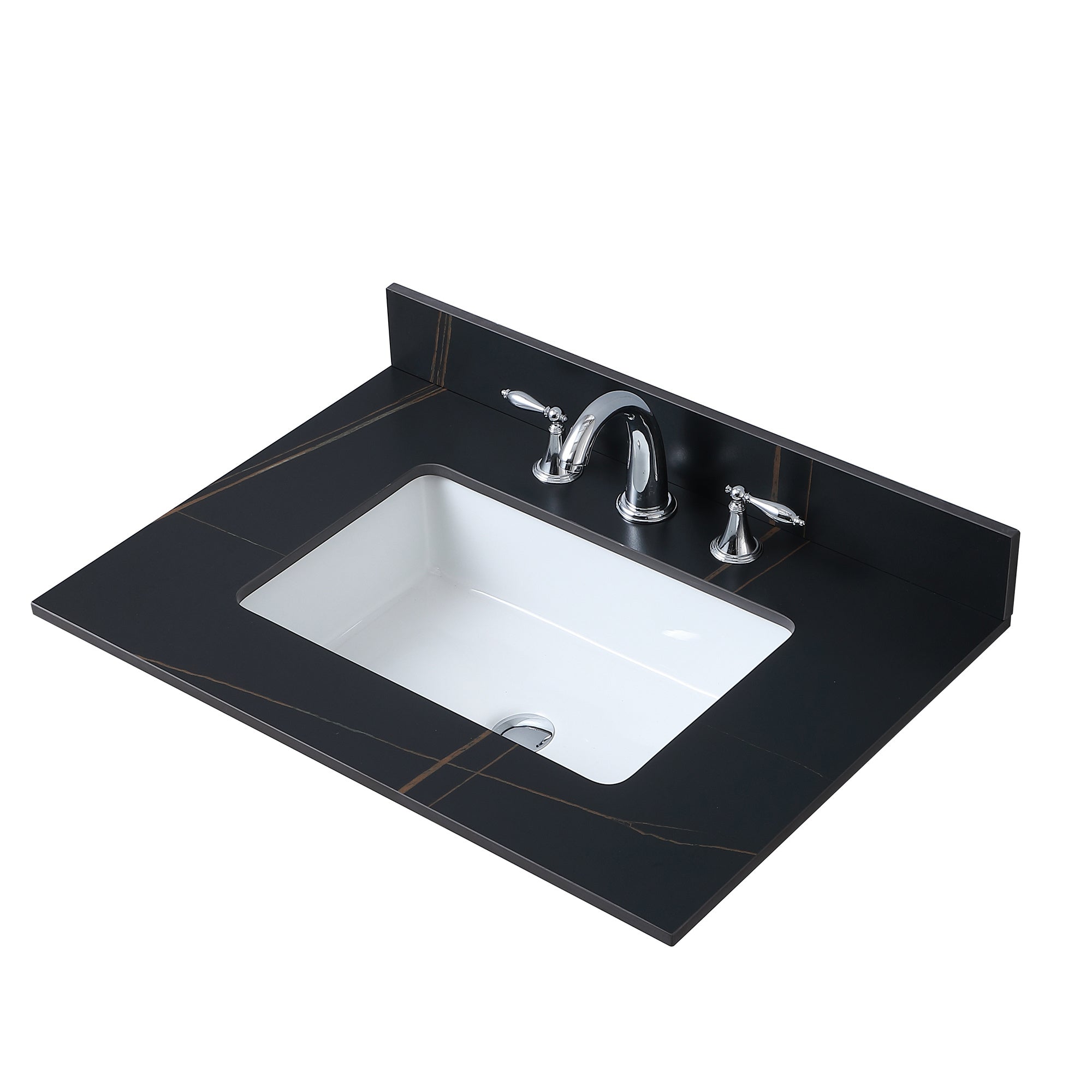 Montary 31inch sintered stone bathroom vanity top black gold color with undermount ceramic sink and three faucet hole with backsplash