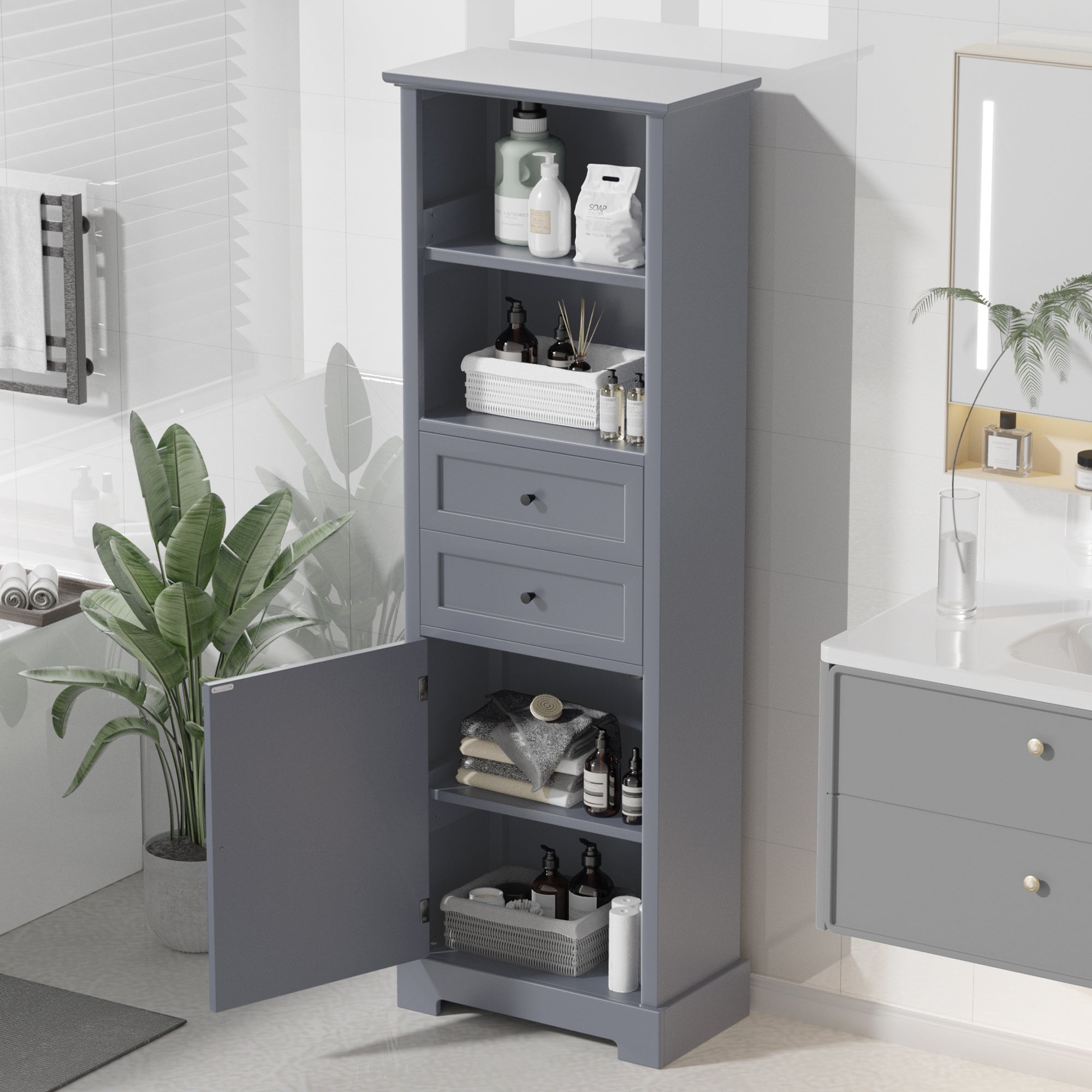 Bathroom Storage Cabinet, Tall Storage Cabinet with Two Drawers, Open Storage, Adjustable Shelf, Grey