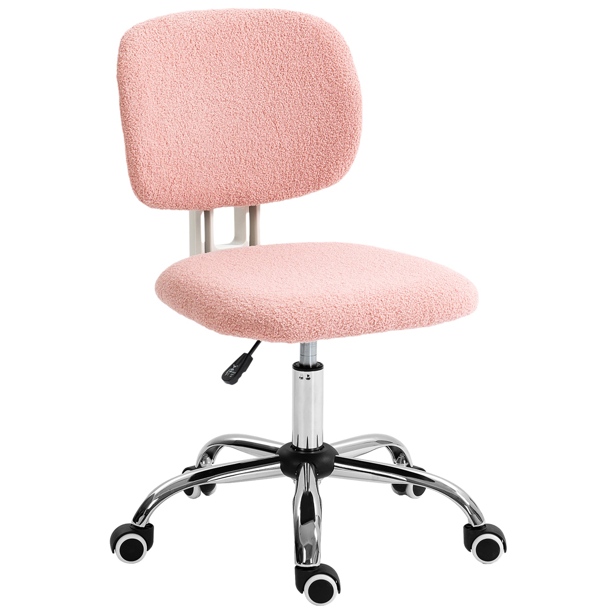 Cute Armless Office Chair, Teddy Fleece Fabric Computer Desk Chair, Vanity Task Chair with Adjustable Height, Swivel Wheels, Mid Back, Pink