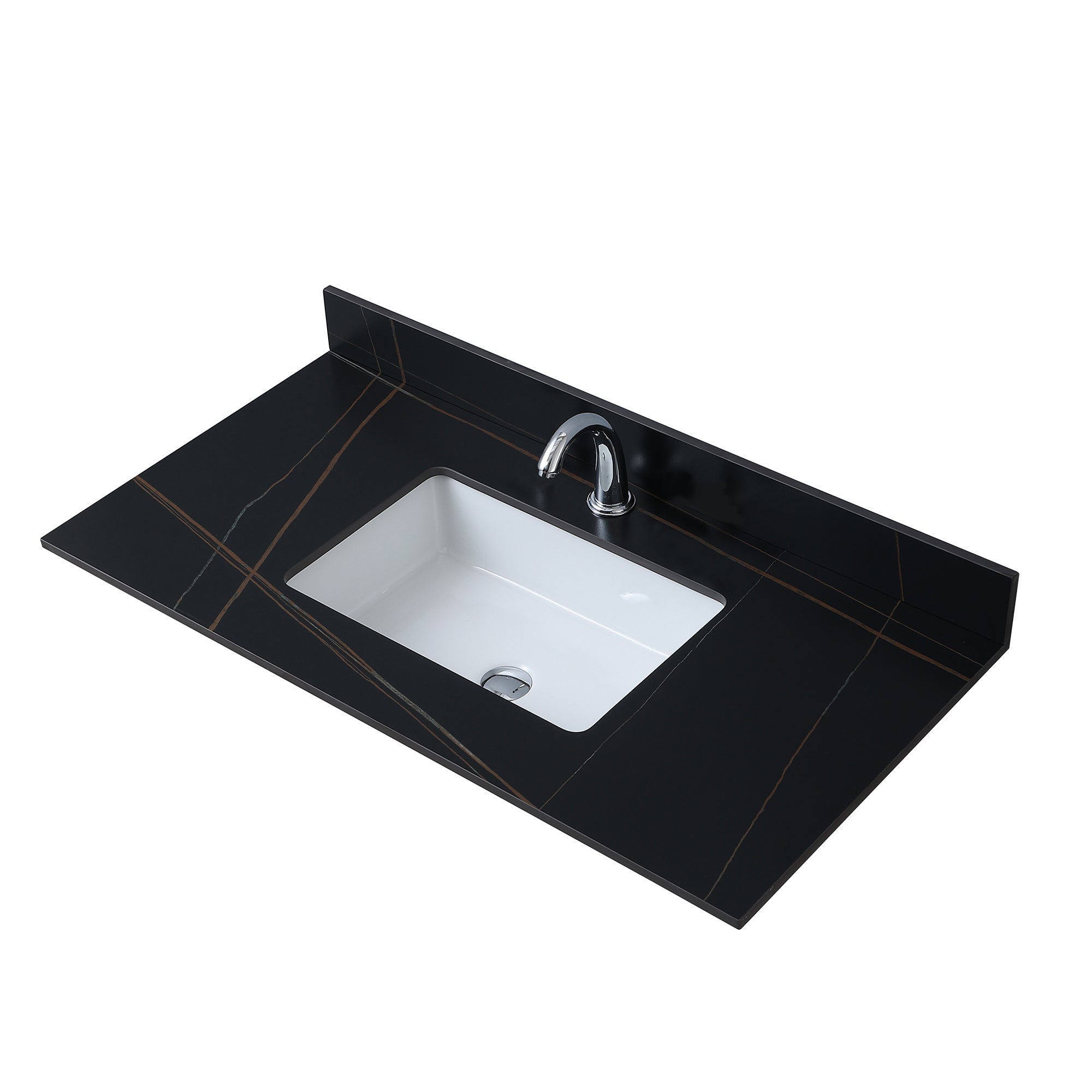 Montary 43inch bathroom stone vanity top black gold color with undermount ceramic sink and single faucet hole with backsplash