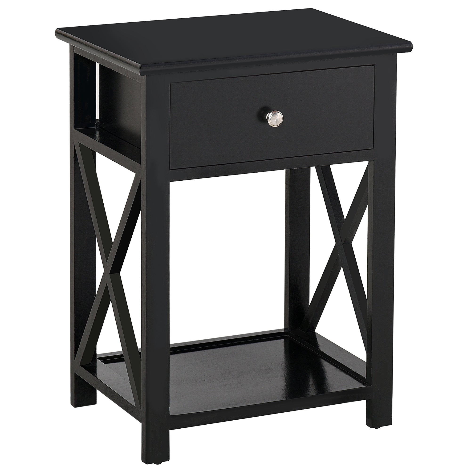 Side Table, Farmhouse End Table with Storage Drawer, Open Shelf and X-frame, Bedside Table for Living Room, Black