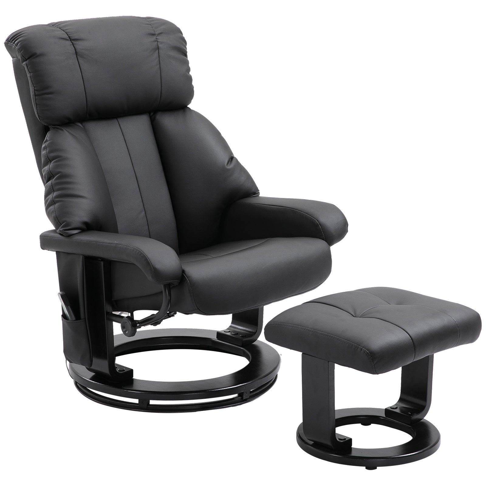 Recliner with Ottoman Footrest, Recliner Chair with Vibration Massage, Faux Leather and Swivel Wood Base for Living Room and Bedroom, Black