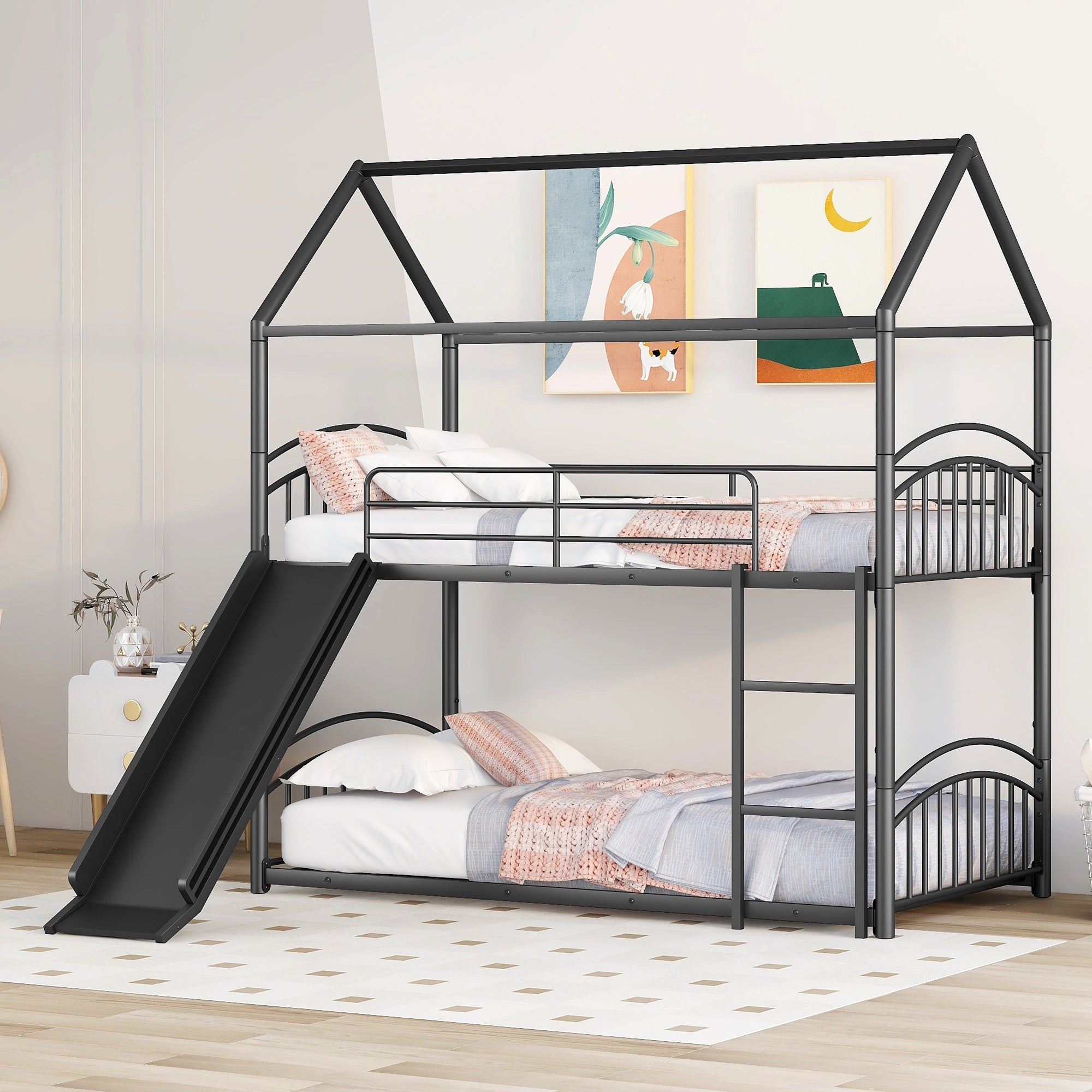 Twin Over Twin Metal Bunk Bed With Slide,Kids House Bed Black