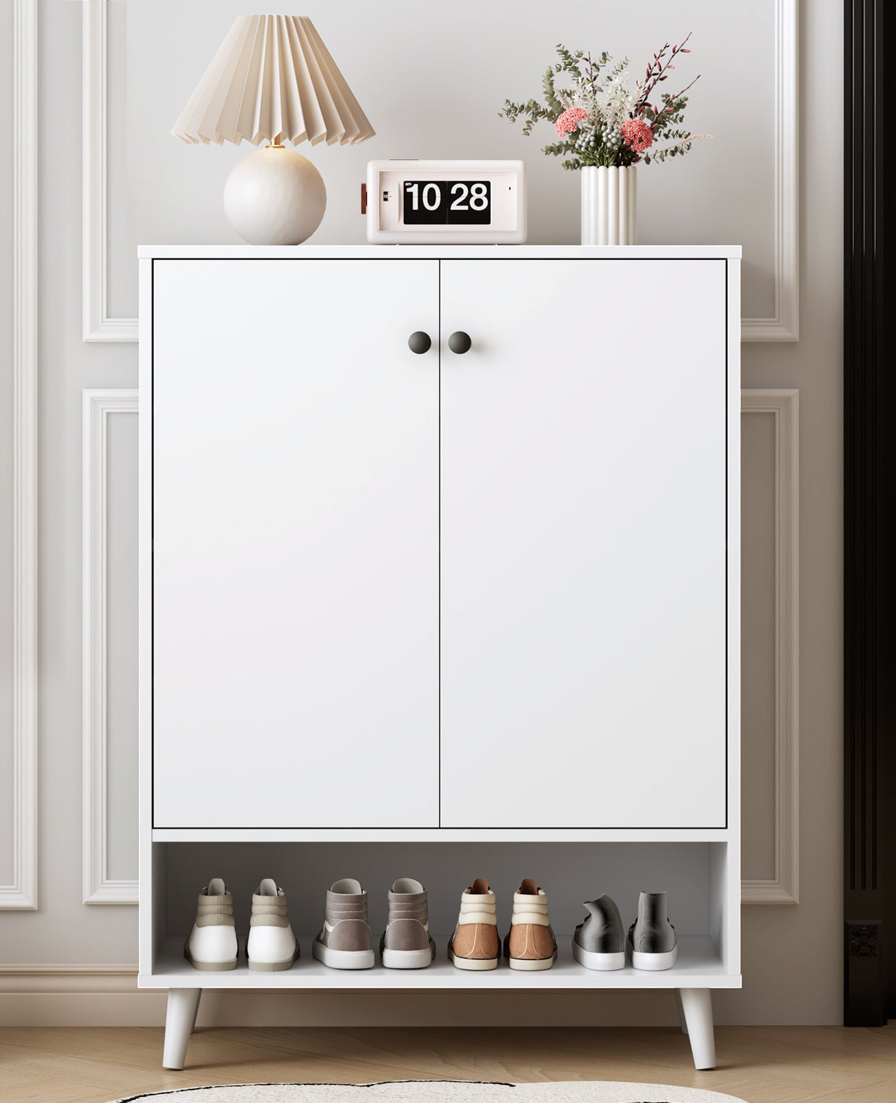 Shoe Storage Cabinet with Adjustable Plates White doors