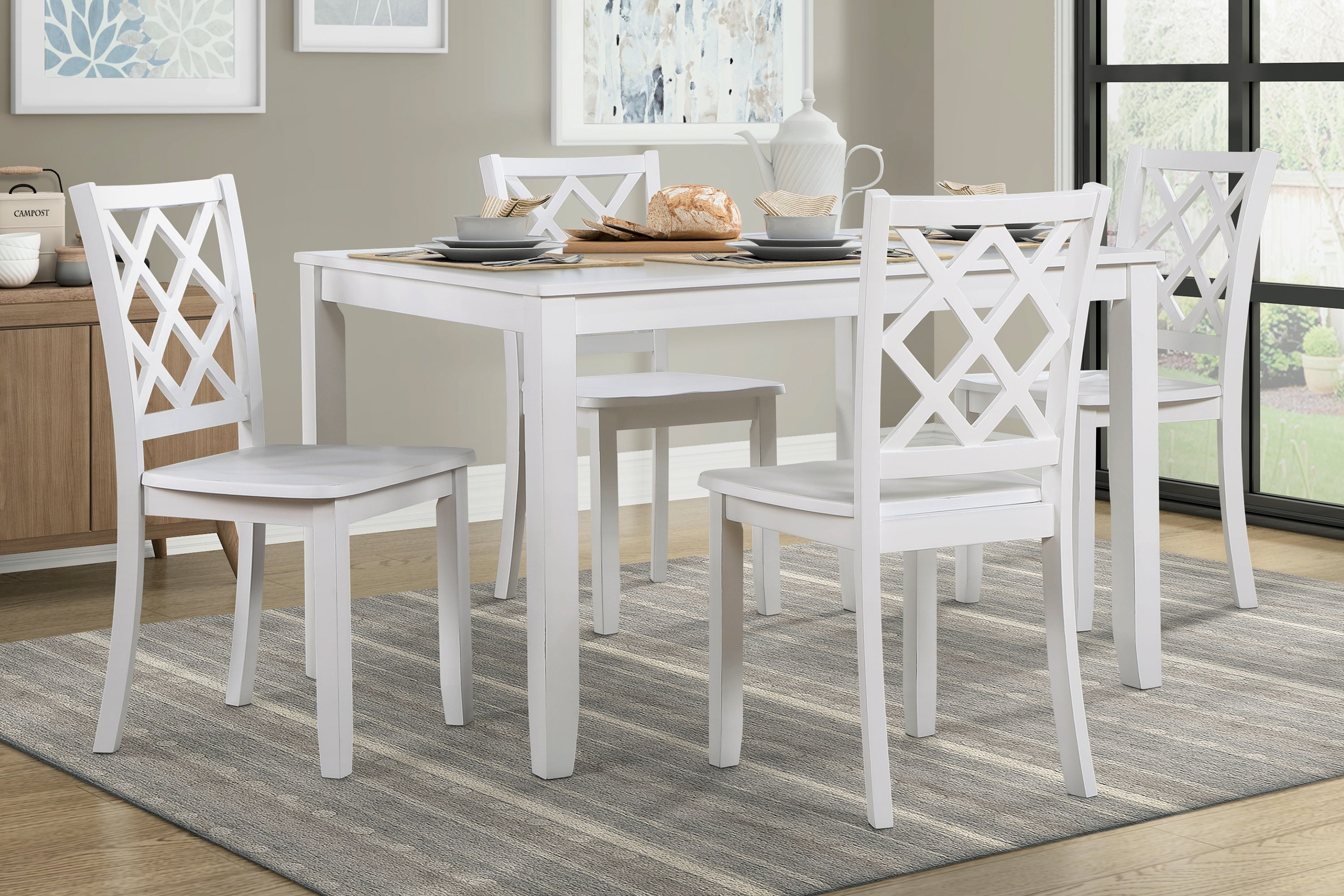 Classic Transitional 5pc Dining Set White Finish Dining Table and Four Side Chairs Set Lattice-Back Wooden Dining Furniture Set