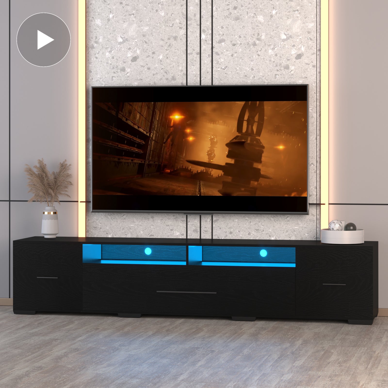 [Video] TV Console with Storage Cabinets, Remote, APP Control Long LED TV Stand, Full RGB Color Selection, 31 Modes Changing Lights Modern Entertainment Center with Power Cord (Black, for 80 inches)