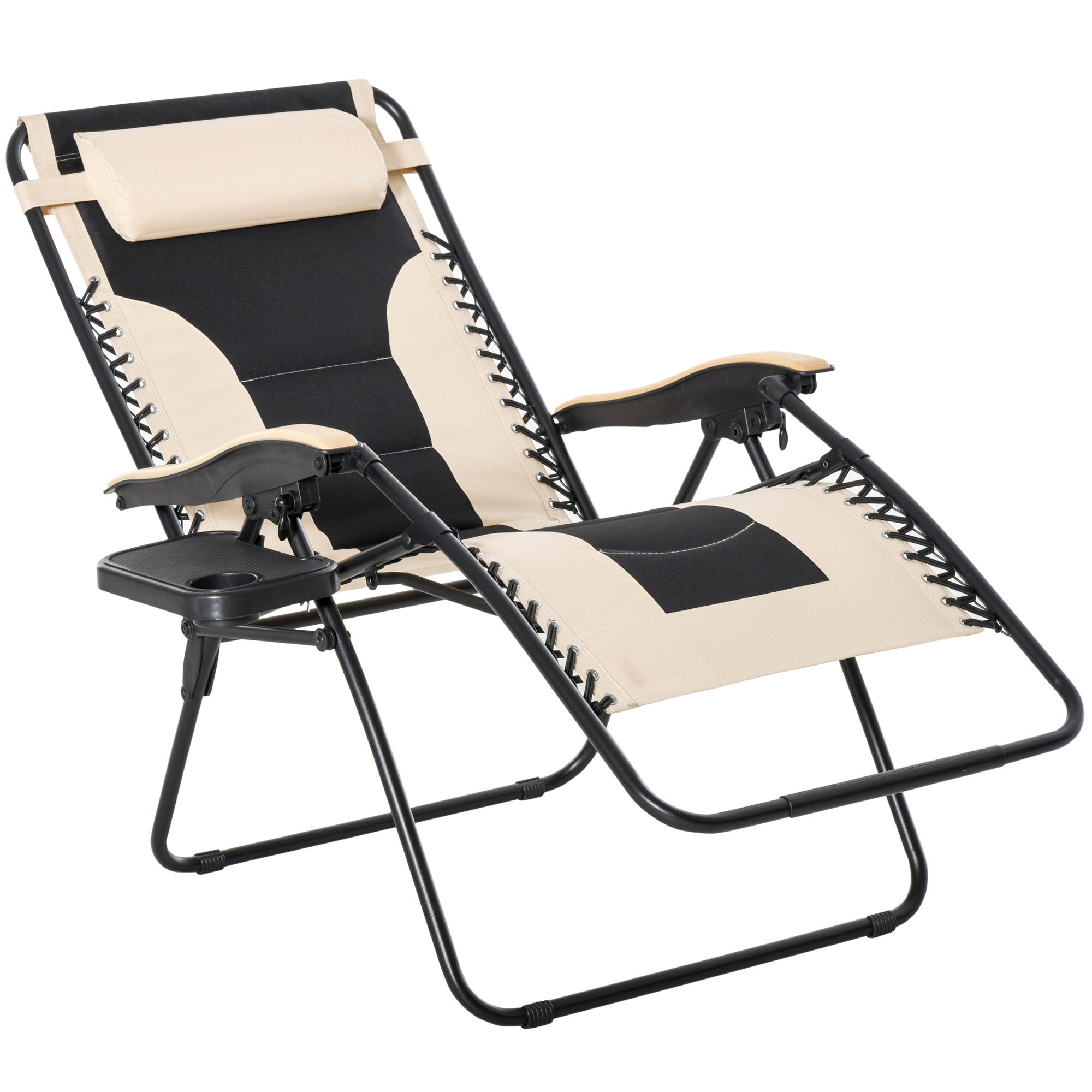Foldable Outdoor Lounge Chair with Footrest, Oversized Padded Zero Gravity Lounge Chair with Headrest, Cup Holders, Armrests for Camping, Lawn, Garden, Pool, Beige