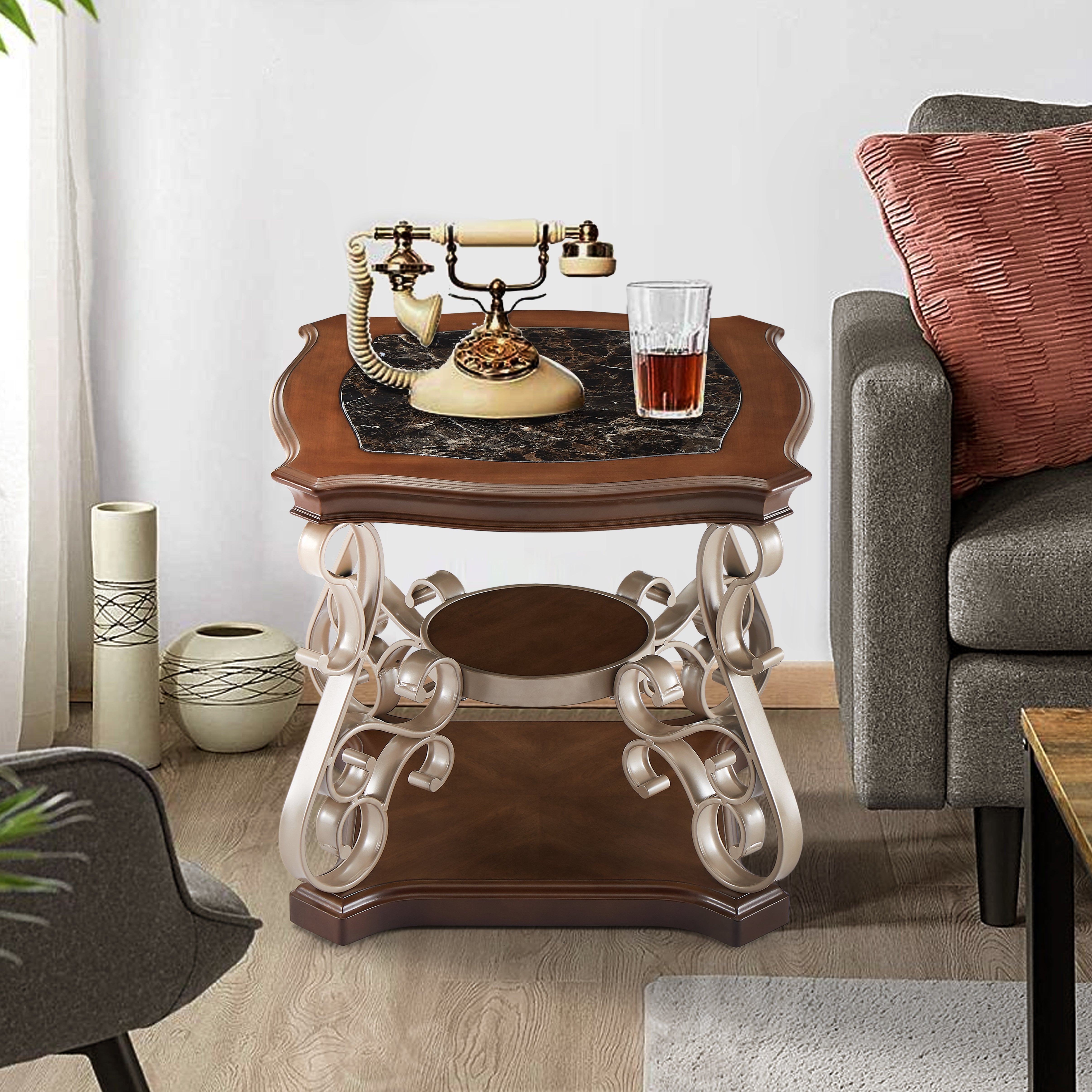 End table, marble paper top, MDF with brich middle shelf, powder coat finish metal legs. (26.2"Lx26.2"Wx24"H)