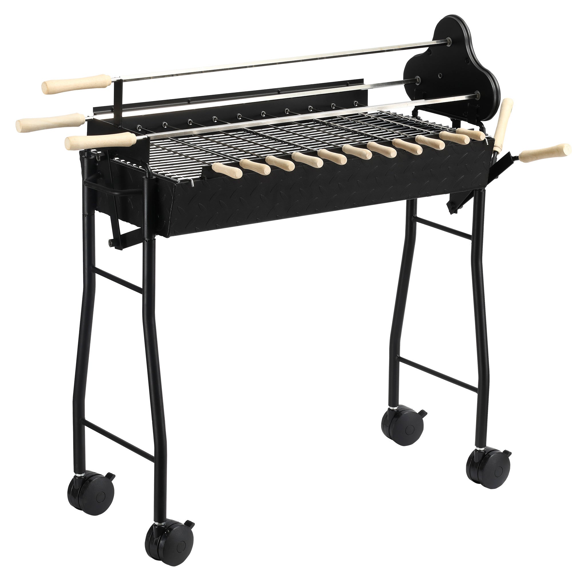 Portable Charcoal BBQ Grills Steel Rotisserie Outdoor Cooking Height Adjustable with 4 Wheels Large / Small Skewers Portability for Patio, Backyard, Black