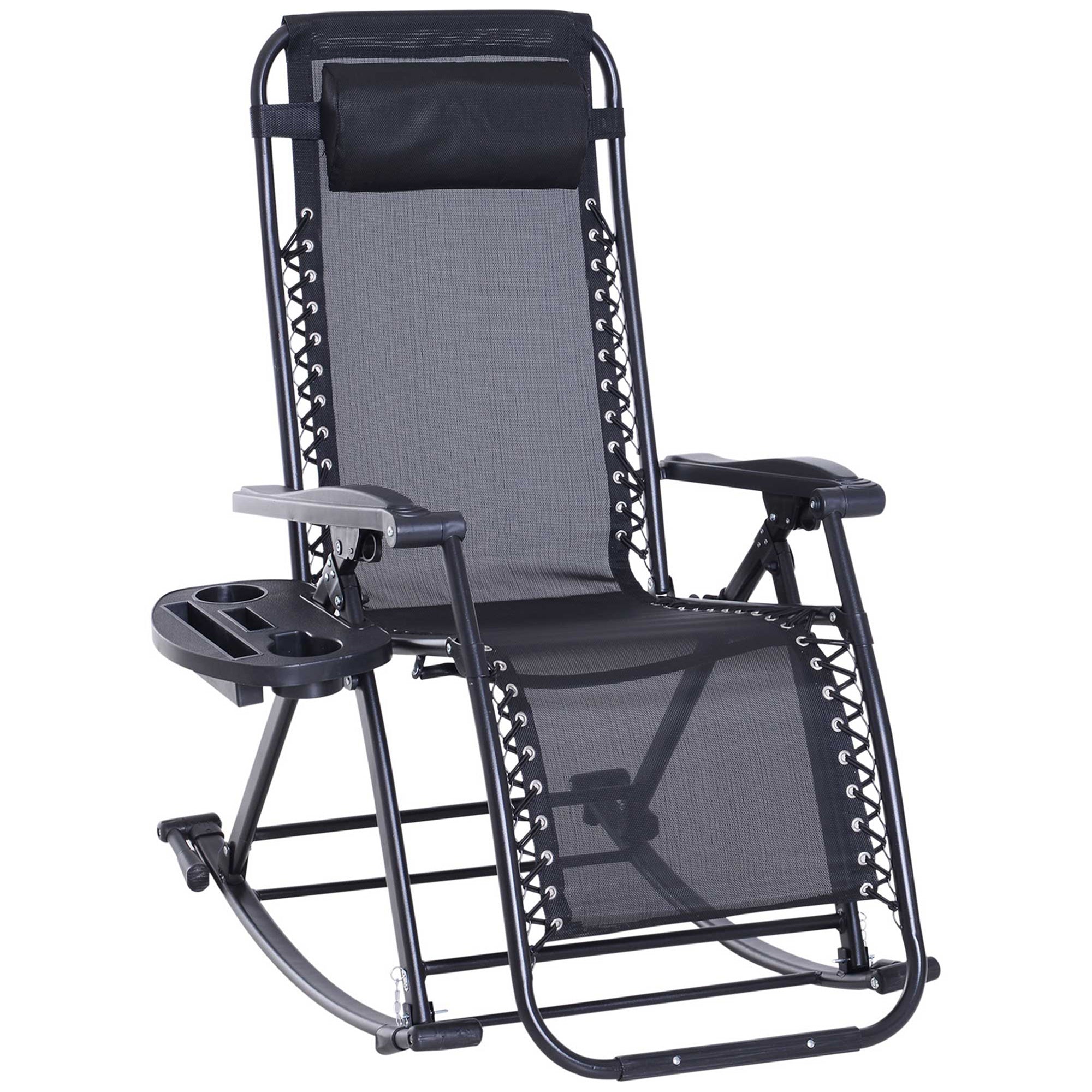 Outdoor Rocking Chairs, Foldable Reclining Anti Gravity Lounge Rocker w/ Pillow, Cup & Phone Holder, Combo Design w/ Folding Legs, Black