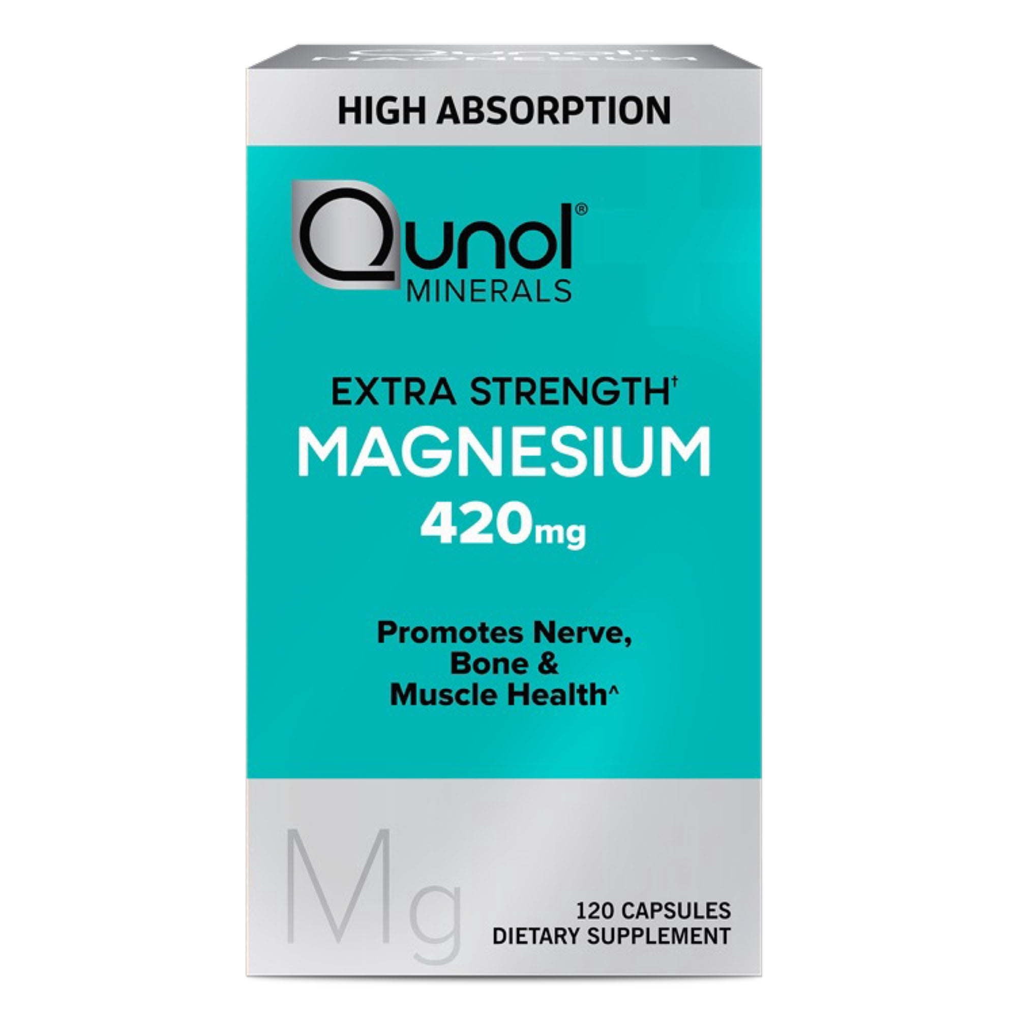 Qunol Magnesium Capsules (120 Count), High Absorption, 420mg, Extra Strength, Bone, Nerve, and Muscle Health Supplement