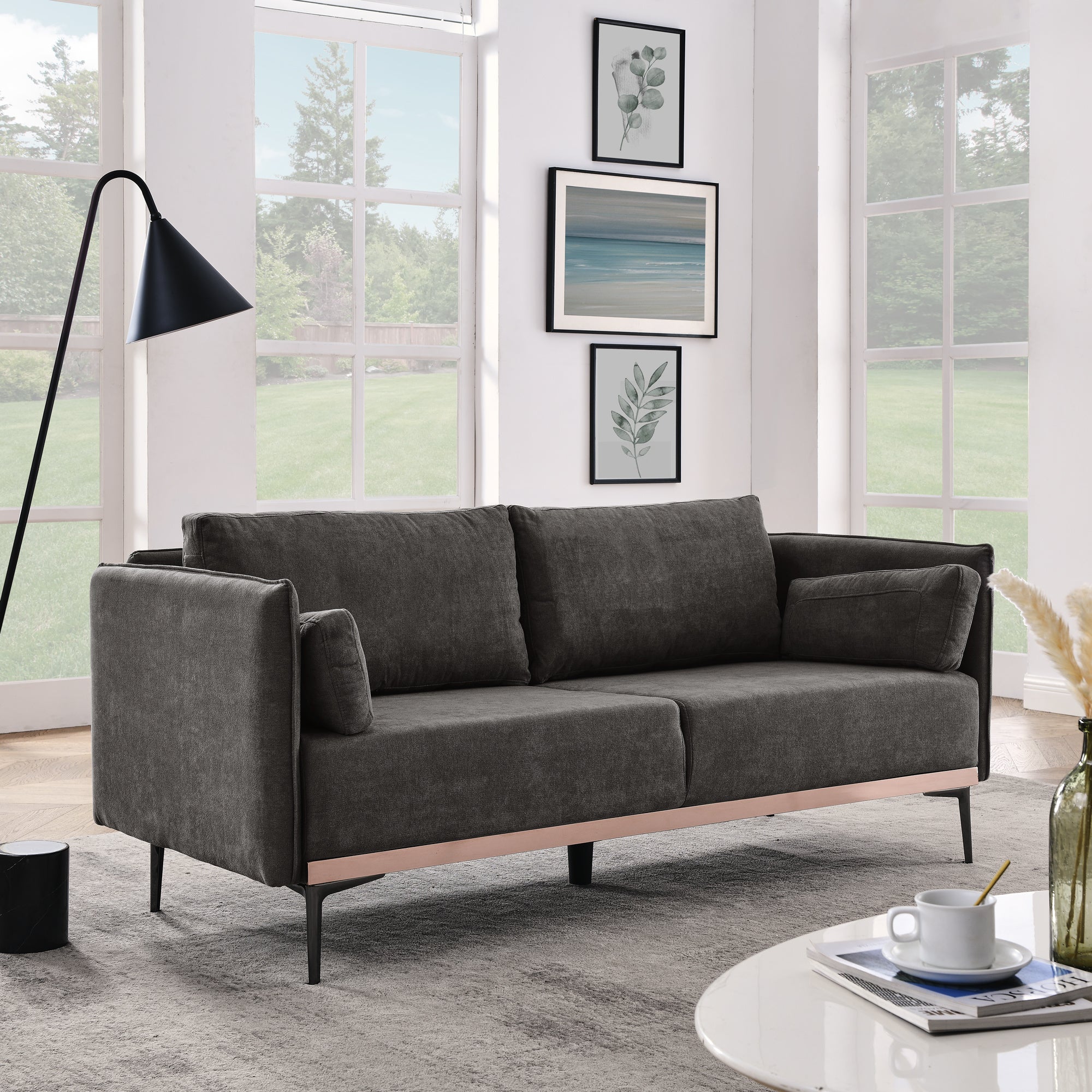 Modern Sofa 3-Seat Couch with Stainless Steel Trim and Metal Legs for Living Room, Grey